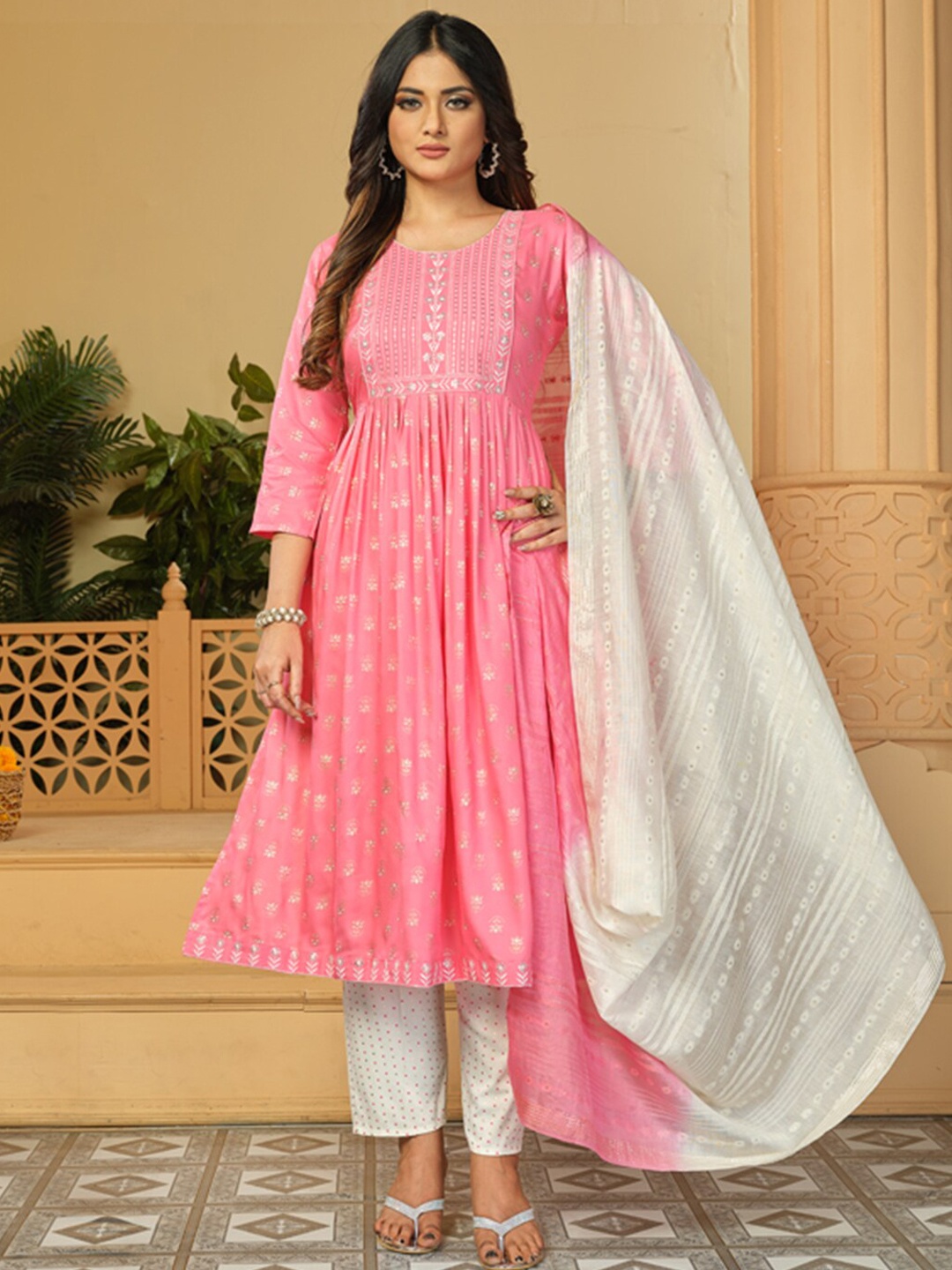

KALINI Floral Embroidered Sequinned Pleated A-Line Kurta & Trousers with Dupatta, Pink