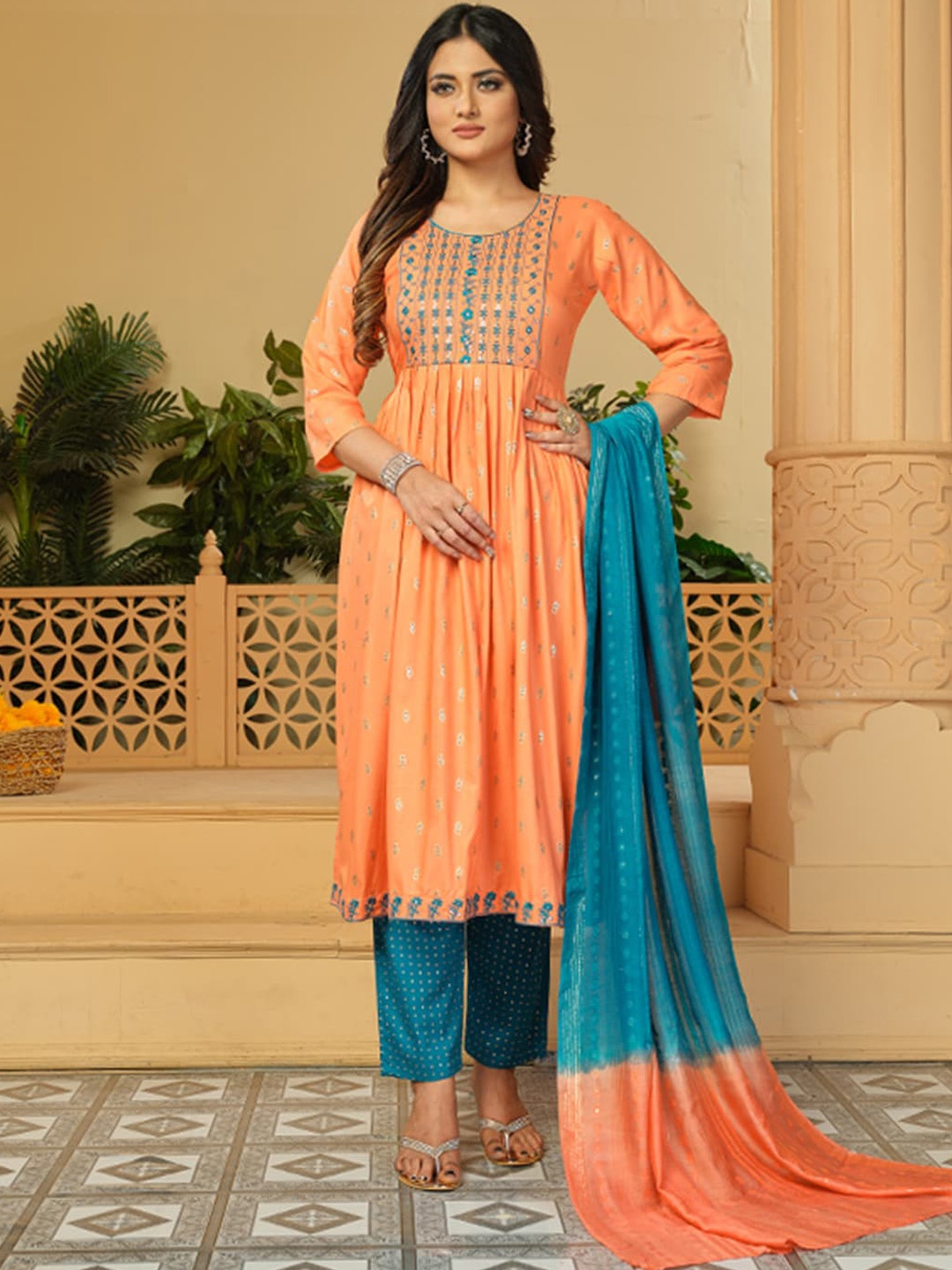 

KALINI Floral Embroidered Thread Work Kurta & Trousers With Dupatta, Peach