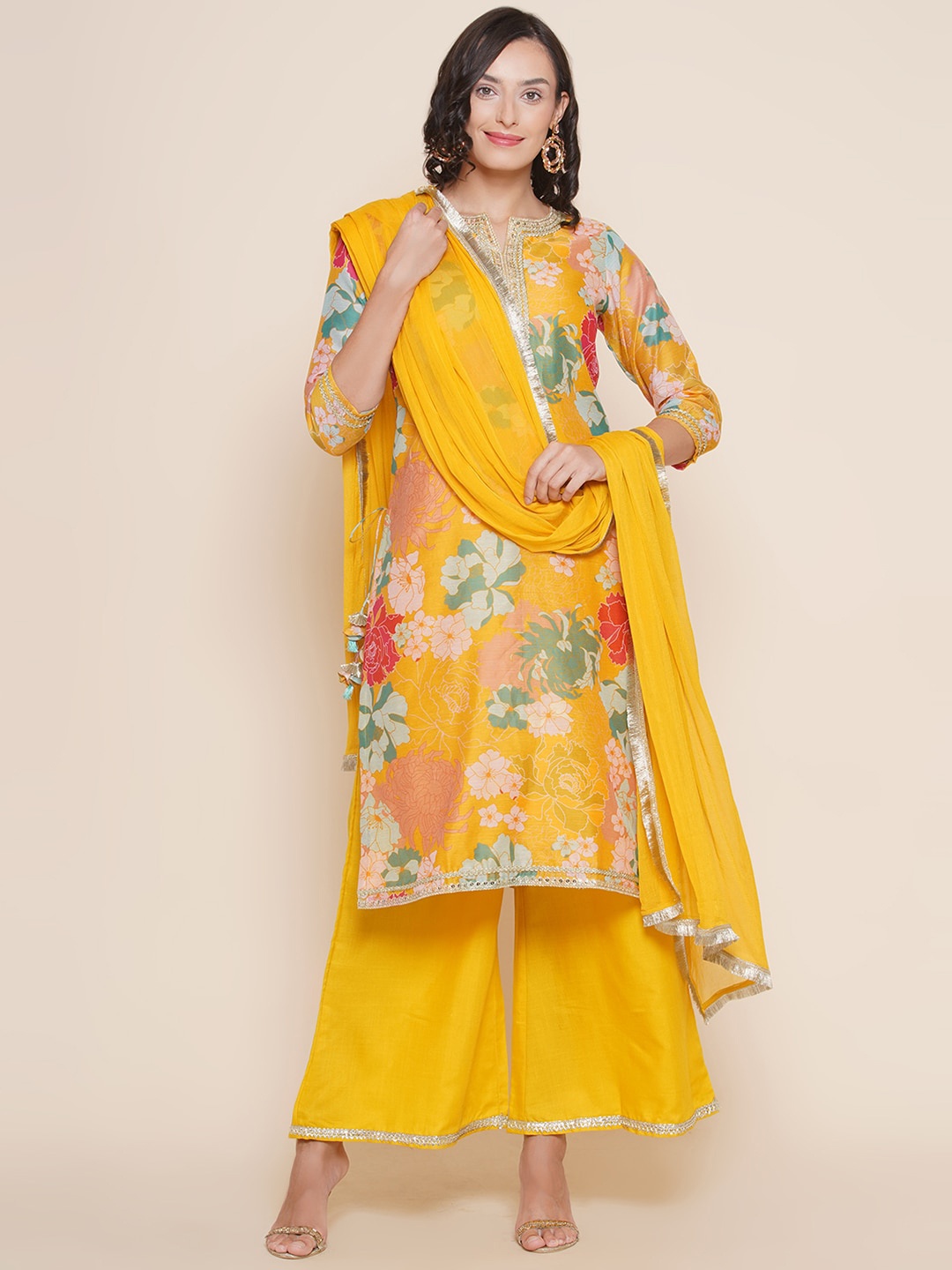 

Bhama Couture Floral Printed Sequinned Chanderi Silk Kurta & Palazzos with Dupatta, Yellow