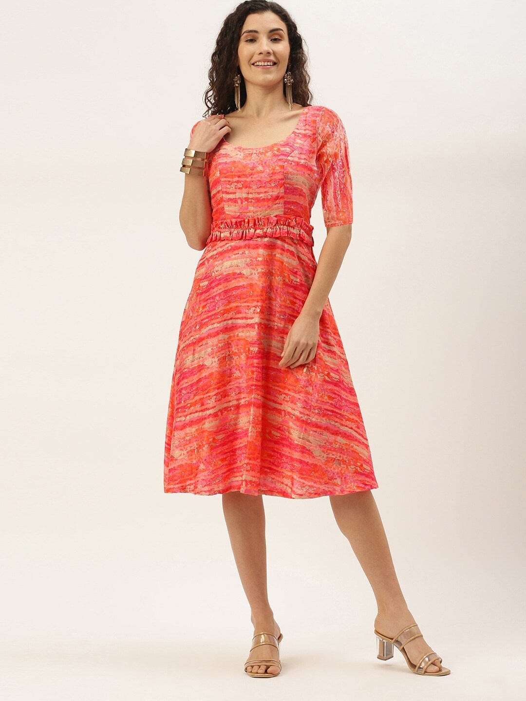 

Ethnovog Abstract Printed Plated A-Line Dress, Peach