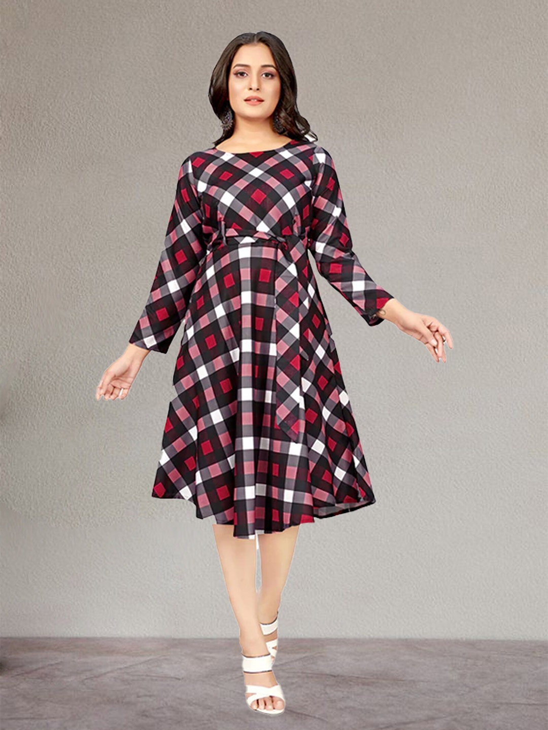 

N N ENTERPRISE Checked Belted Fit & Flare Dress, Red
