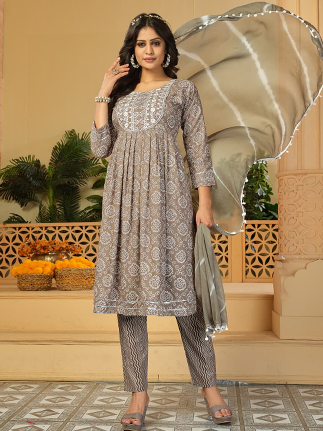 

KALINI Bandhani Printed A-Line Kurta & Trousers With Dupatta, Brown