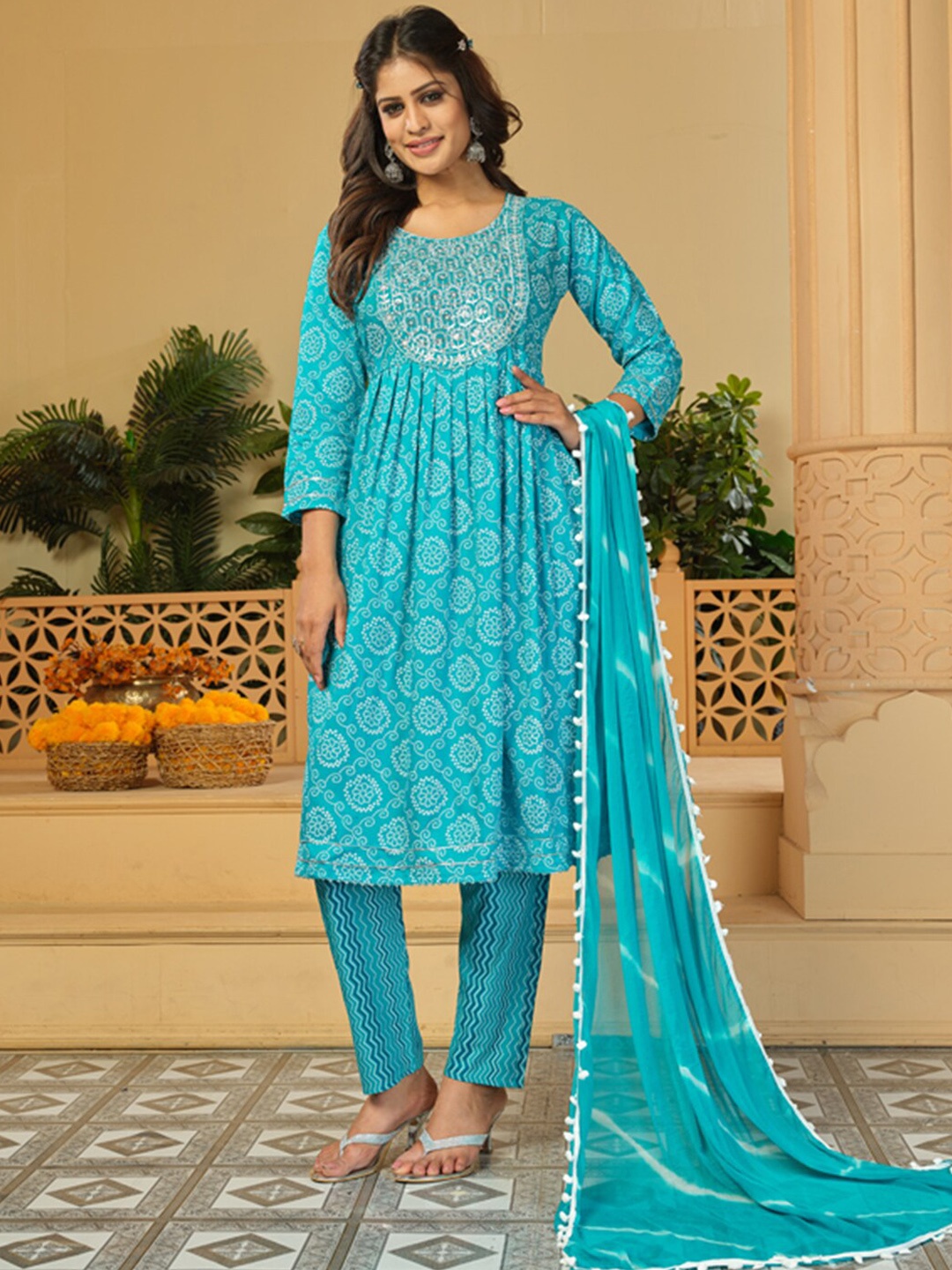 

KALINI Bandhani Printed Thread Work Kurta with Trousers And Dupatta, Blue