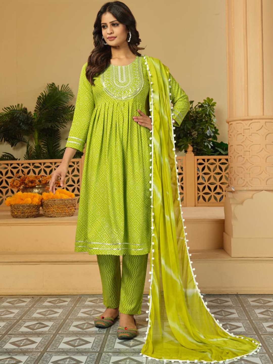 

KALINI Bandhani Printed Mirror Work Detailed Pleated A-Line Kurta & Trousers with Dupatta, Green