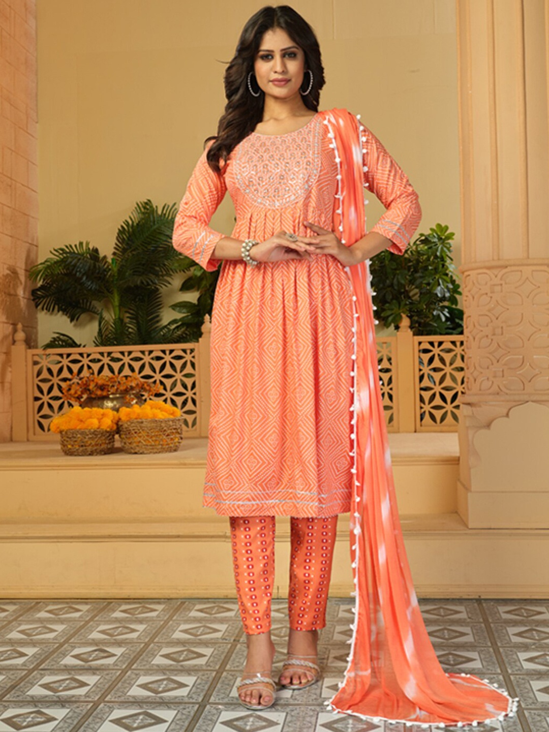 

KALINI Bandhani Printed Kurta & Trousers With Dupatta, Peach