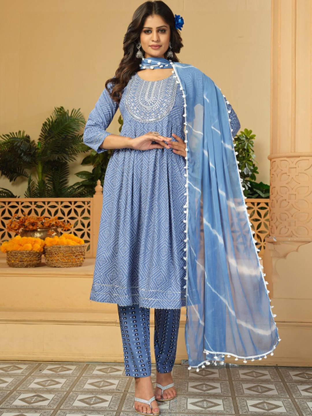 

KALINI Bandhani Printed Thread Work Kurta with Trousers And Dupatta, Blue