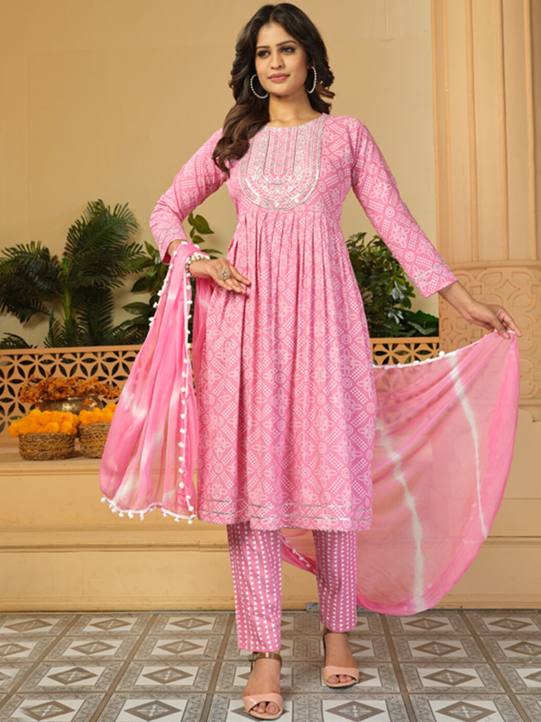 

KALINI Bandhani Printed Thread Work Kurta with Trousers And Dupatta, Pink