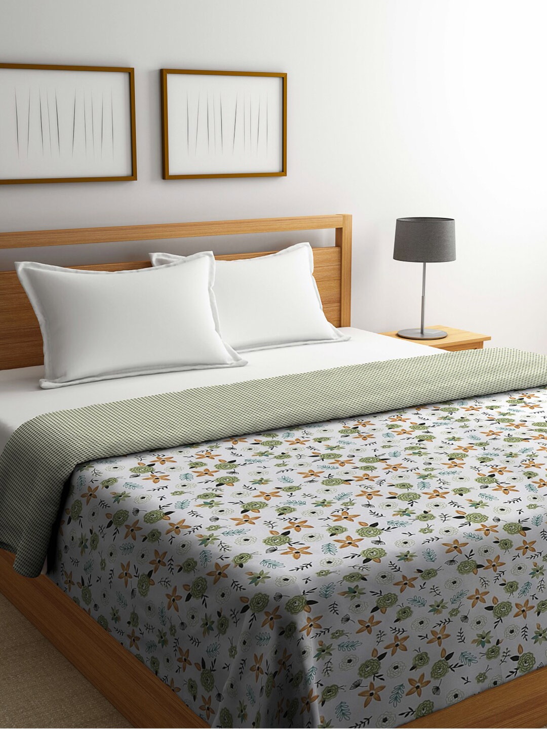 

FABINALIV White & Green Floral Reversible AC Room 300 GSM Pure Cotton Double Bed Dohar