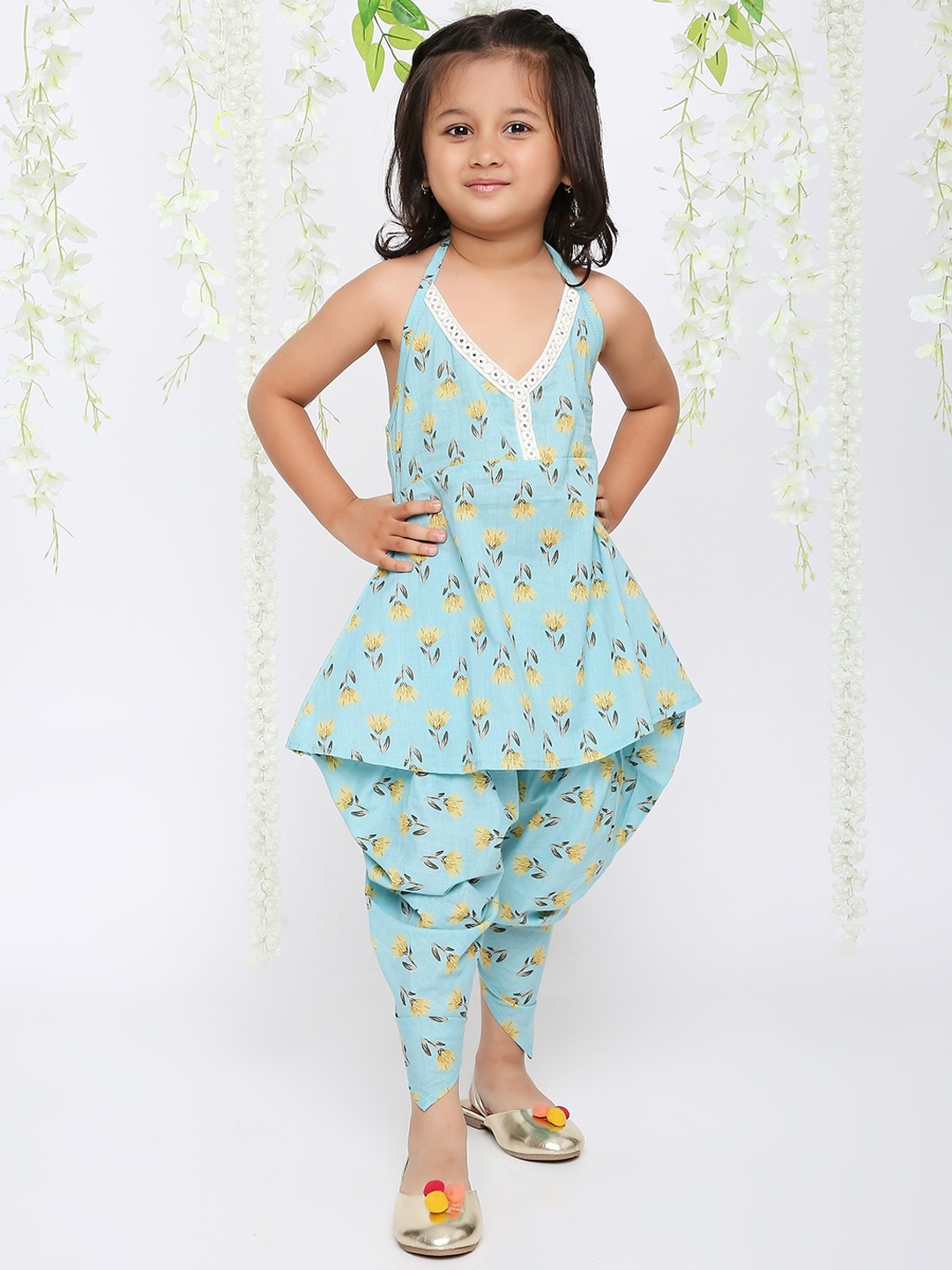 

KID1 Girls Floral Printed Pure Cotton Anarkali Kurti With Dhoti Pants, Turquoise blue