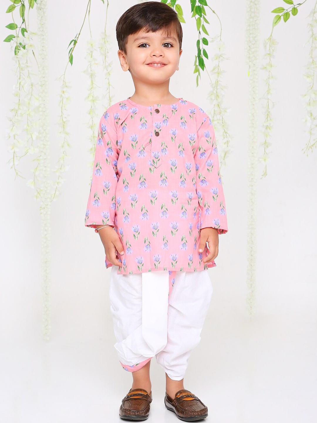 

KID1 Boys Floral Printed Regular Long Sleeve Pure Cotton Kurta Set, Pink