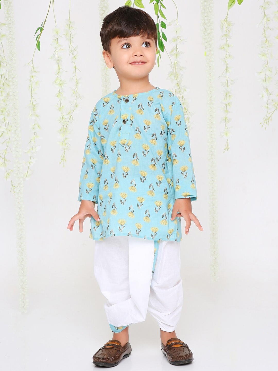 

KID1 Boys Floral Printed Pure Cotton Kurta With Dhoti Pants, Turquoise blue