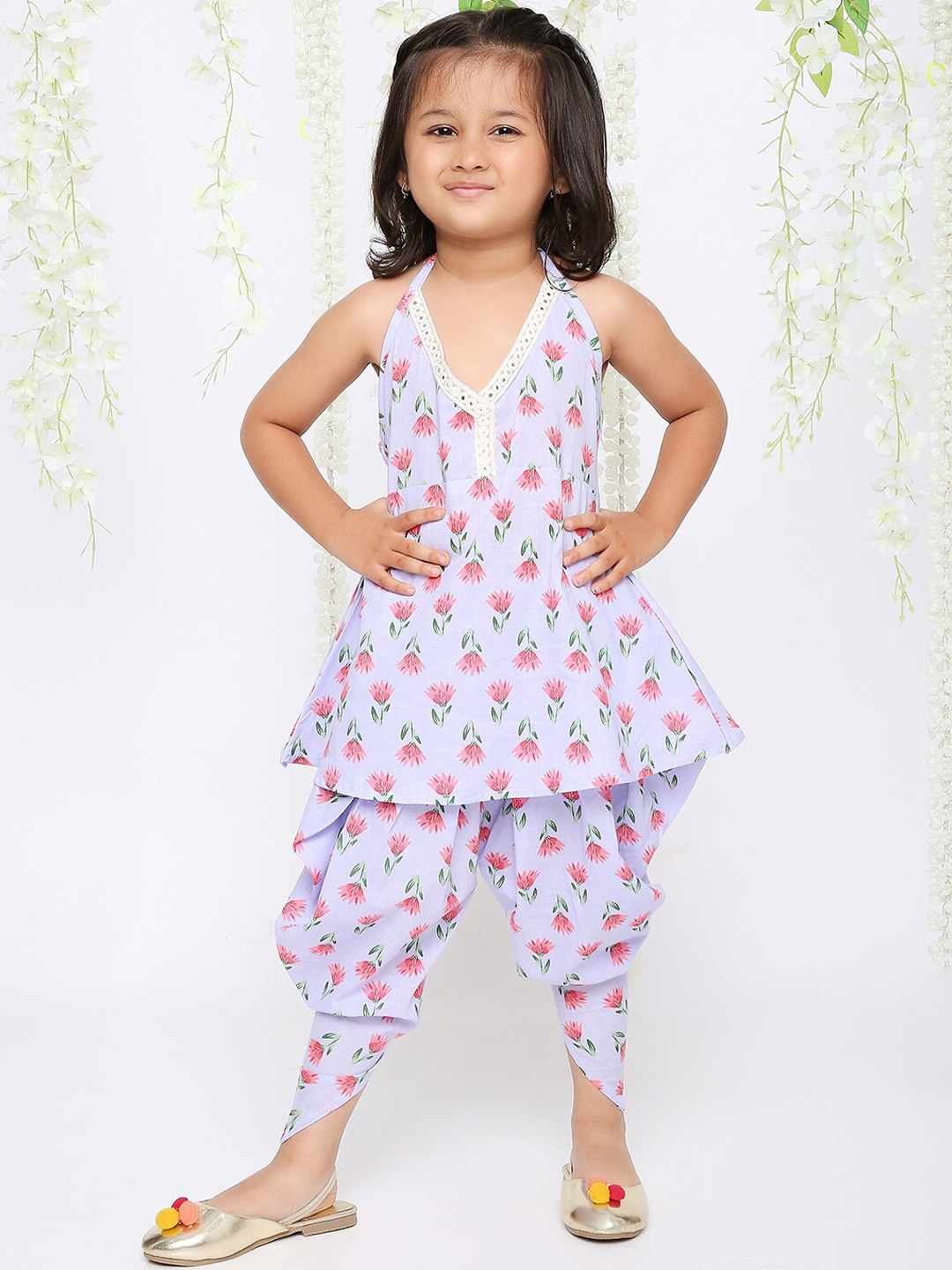

KID1 Girls Halter Neck Floral Printed ThreadWork A-Line Pure Cotton Kurta with Dhoti Pants, Lavender