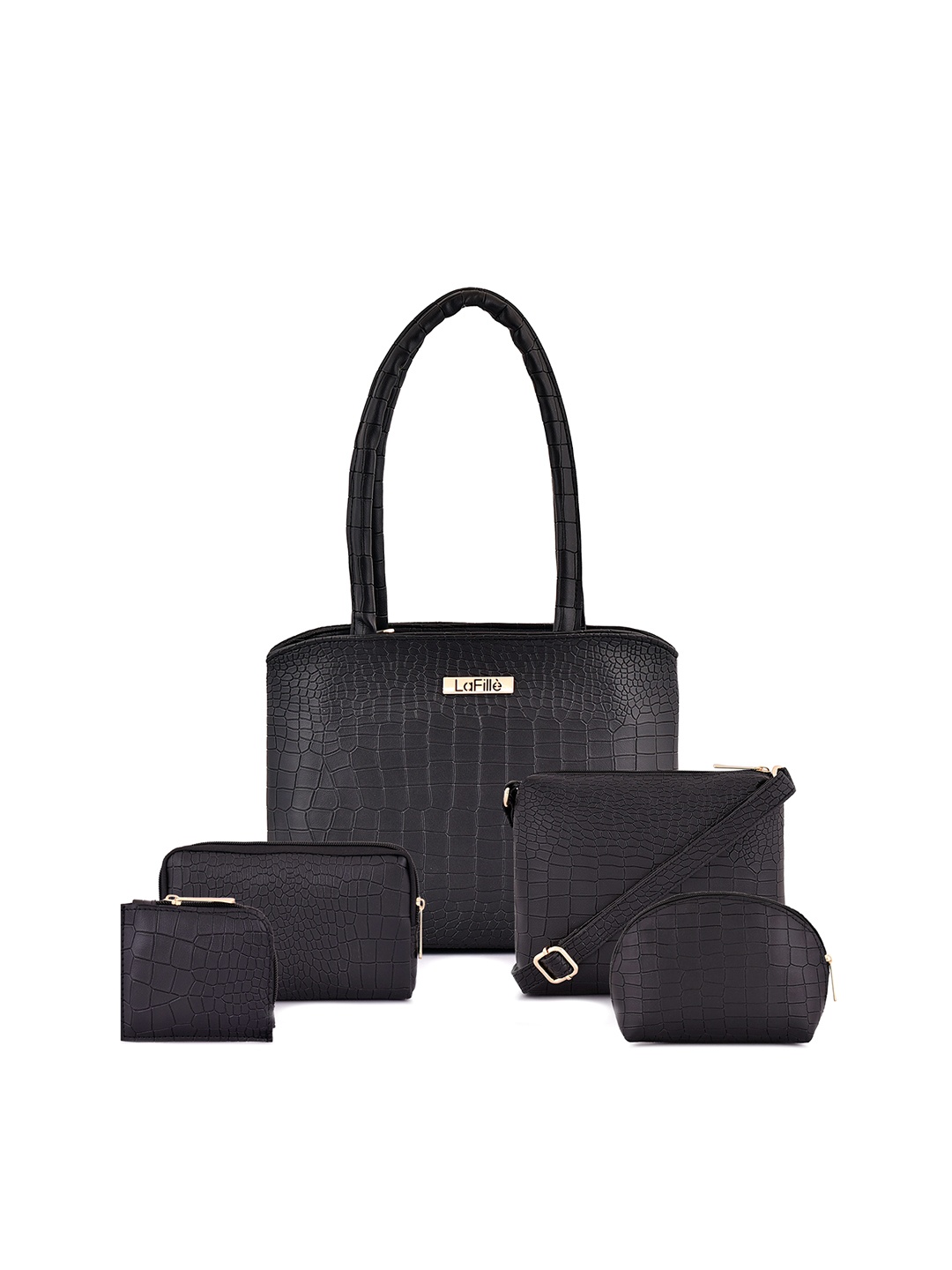 

LaFille Set of 5 Textured Structured Handheld Bag, Black