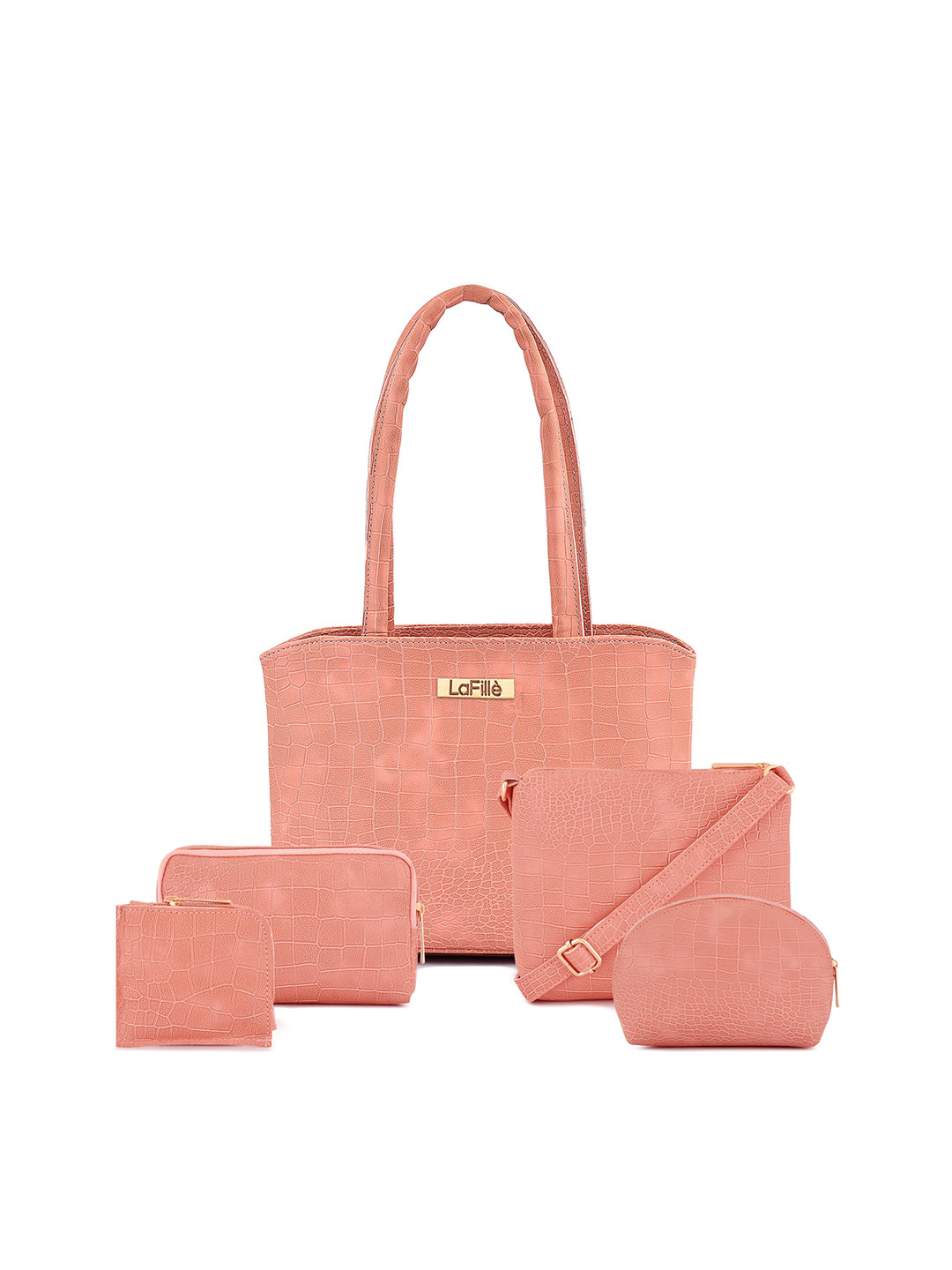 

LaFille Pack Of 5 Textured Structured Shoulder Bag, Peach