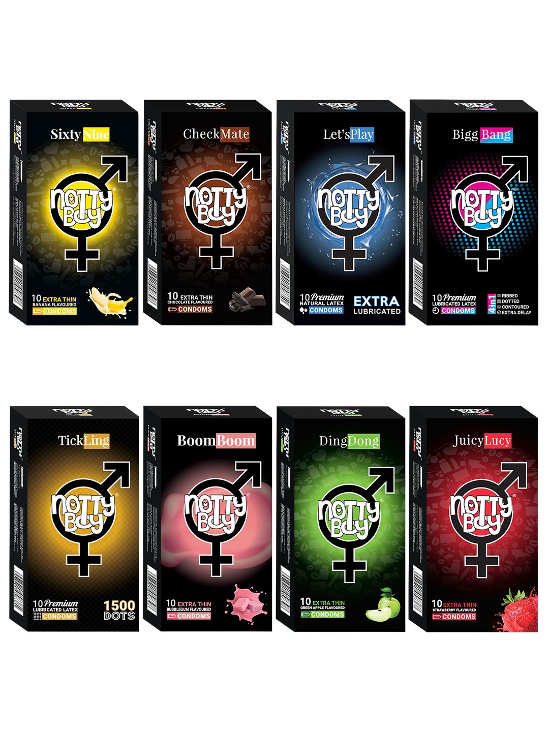 

noTTy Boy Men Set Of 8 Extra Thin Flavoured & Premium Lubricated Condoms -10Pcs In Each, White