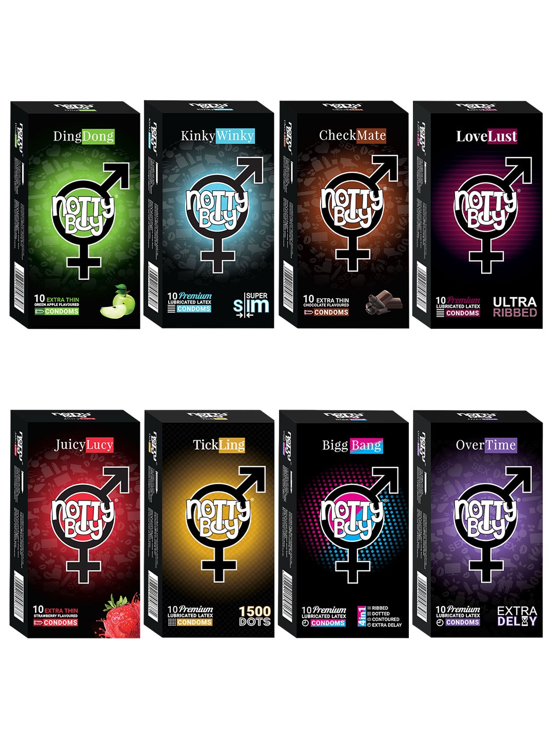 

noTTy Boy Men Set Of 8 Extra Thin Flavoured & Premium Lubricated Condoms -10Pcs In Each, Black