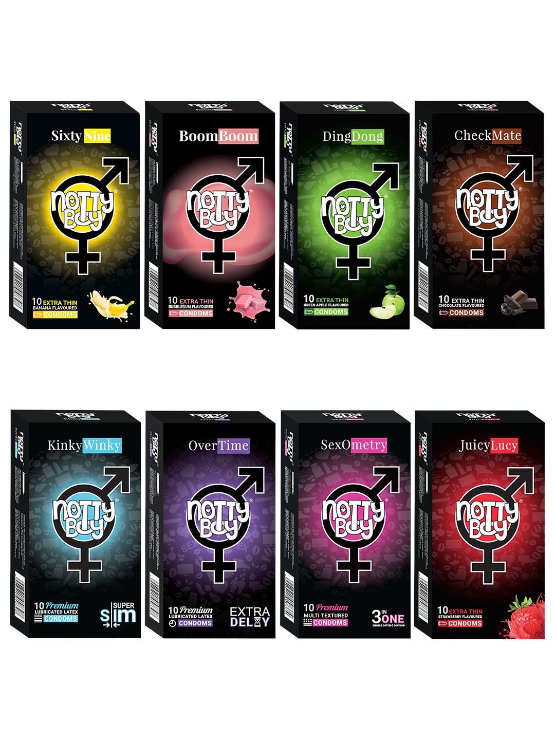 

noTTy Boy Men Set Of 8 Extra Thin Flavoured & Premium Lubricated Condoms -10Pcs In Each, Black