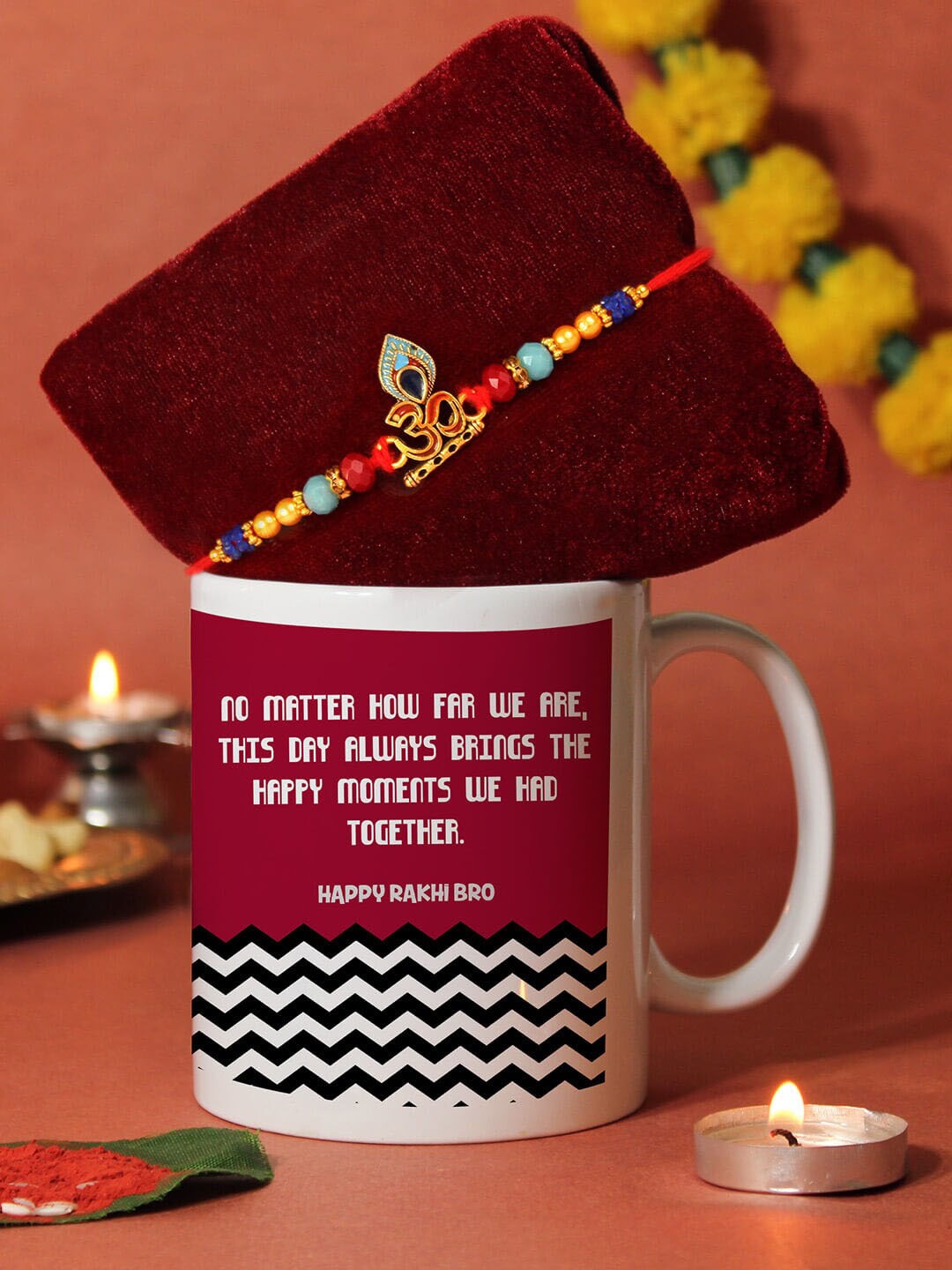 

TIED RIBBONS Unisex Om Beaded Rakhi With Mug - Greeting Card - Roli&Chawal, Red