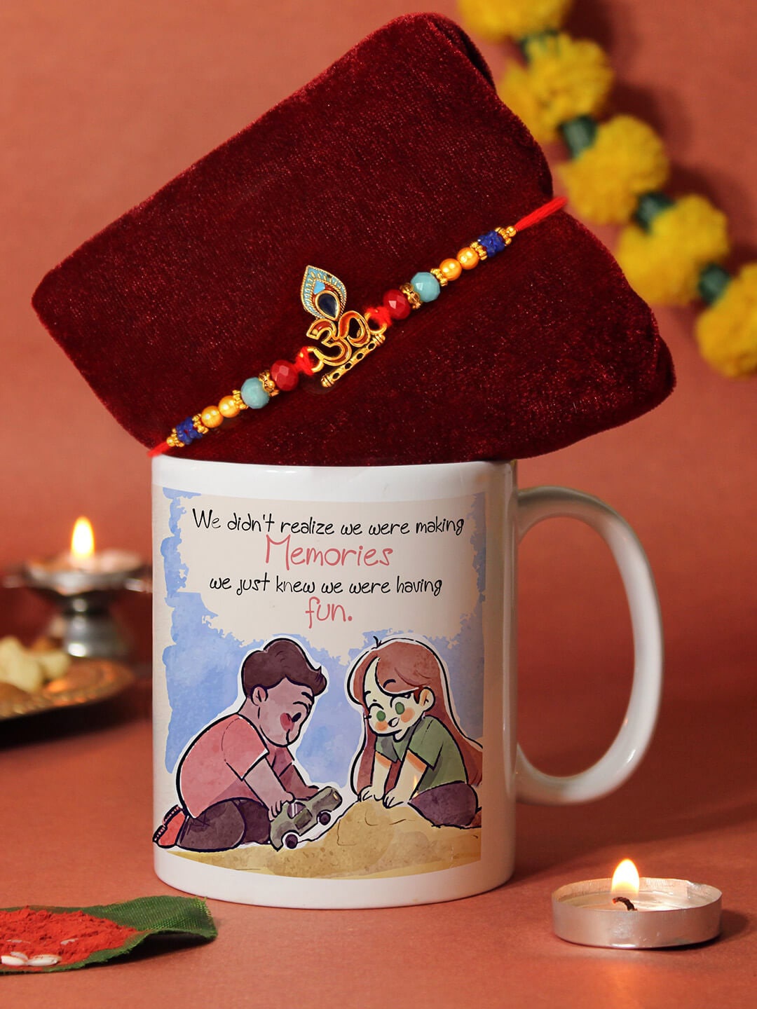 

TIED RIBBONS Unisex Om Beaded Rakhi With Mug - Greeting Card - Roli & Chawal, White