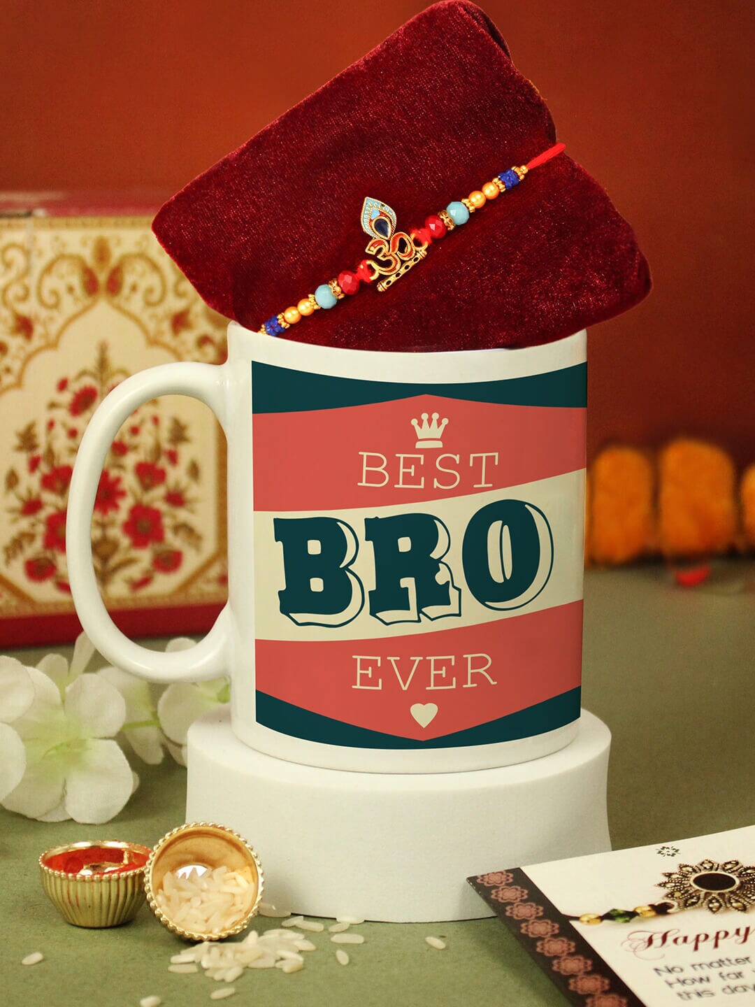 

TIED RIBBONS Unisex Om Beaded Rakhi With Mug - Greeting Card - Roli&Chawal, White