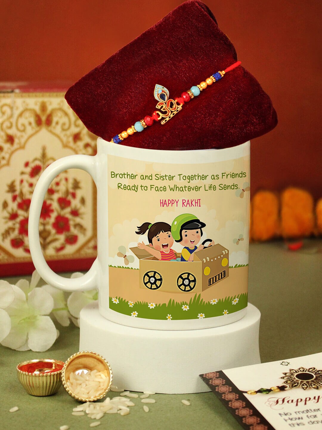 

TIED RIBBONS Unisex Om Beaded Rakhi With Mug - Greeting Card - Roli&Chawal, Gold