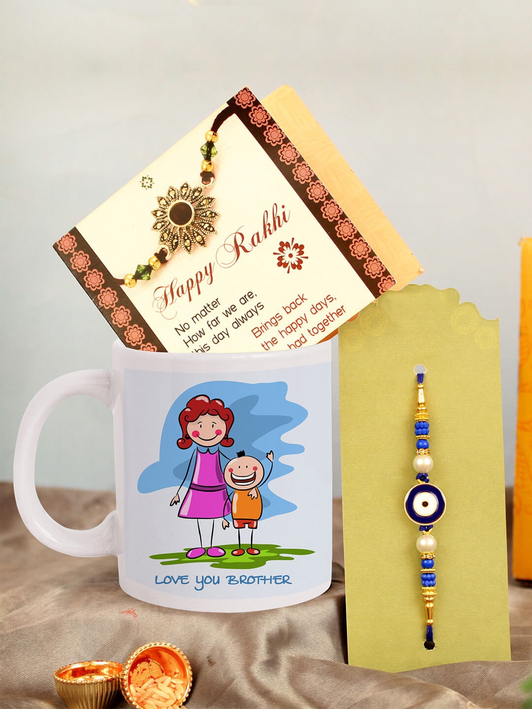 

TIED RIBBONS Unisex Evil Eye Beaded Rakhi With Mug & Roli Chawal, White
