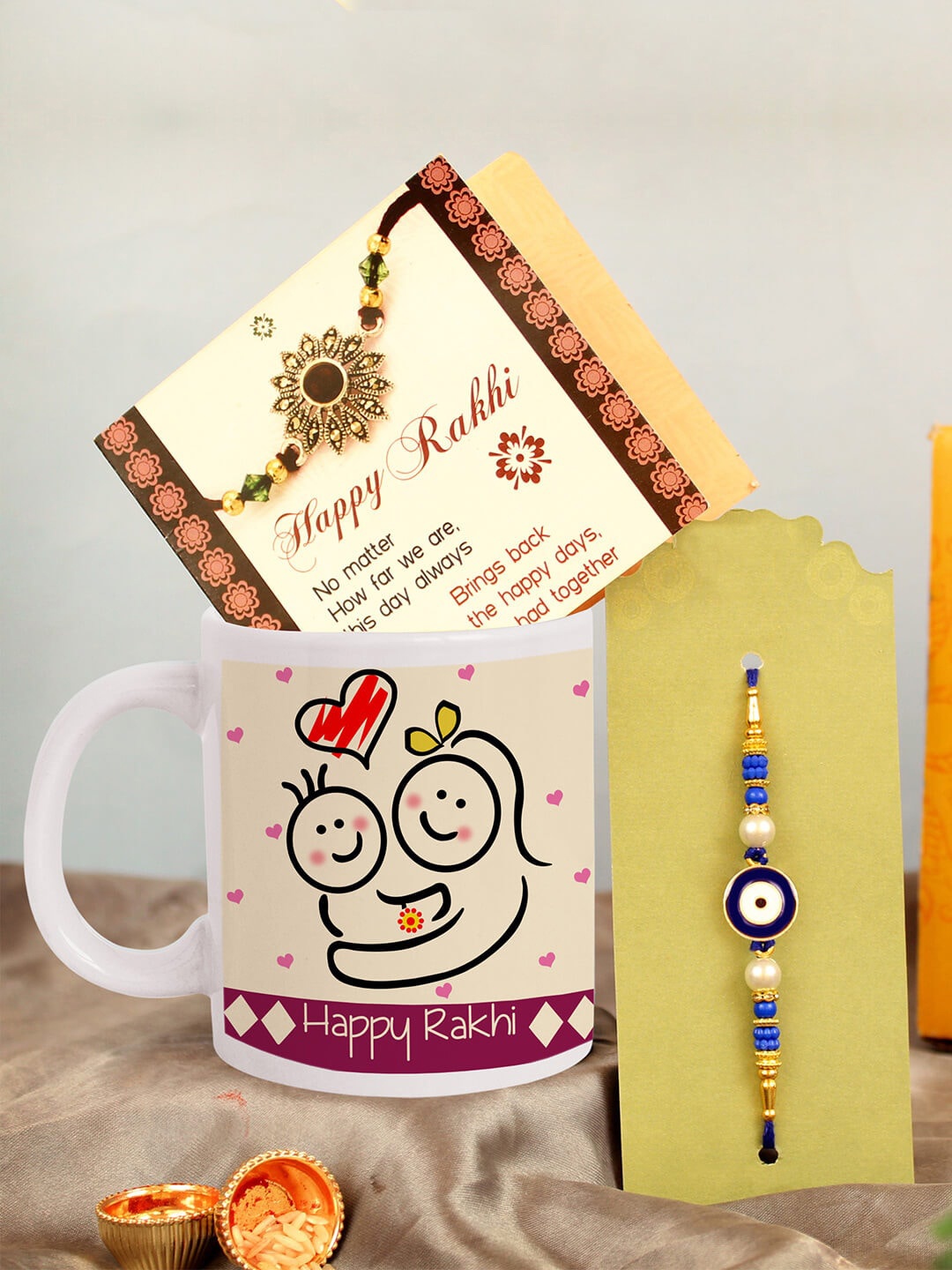 

TIED RIBBONS Unisex Evil Eye Beaded Rakhi With Mug - Greeting Card - Roli&Chawal, Blue