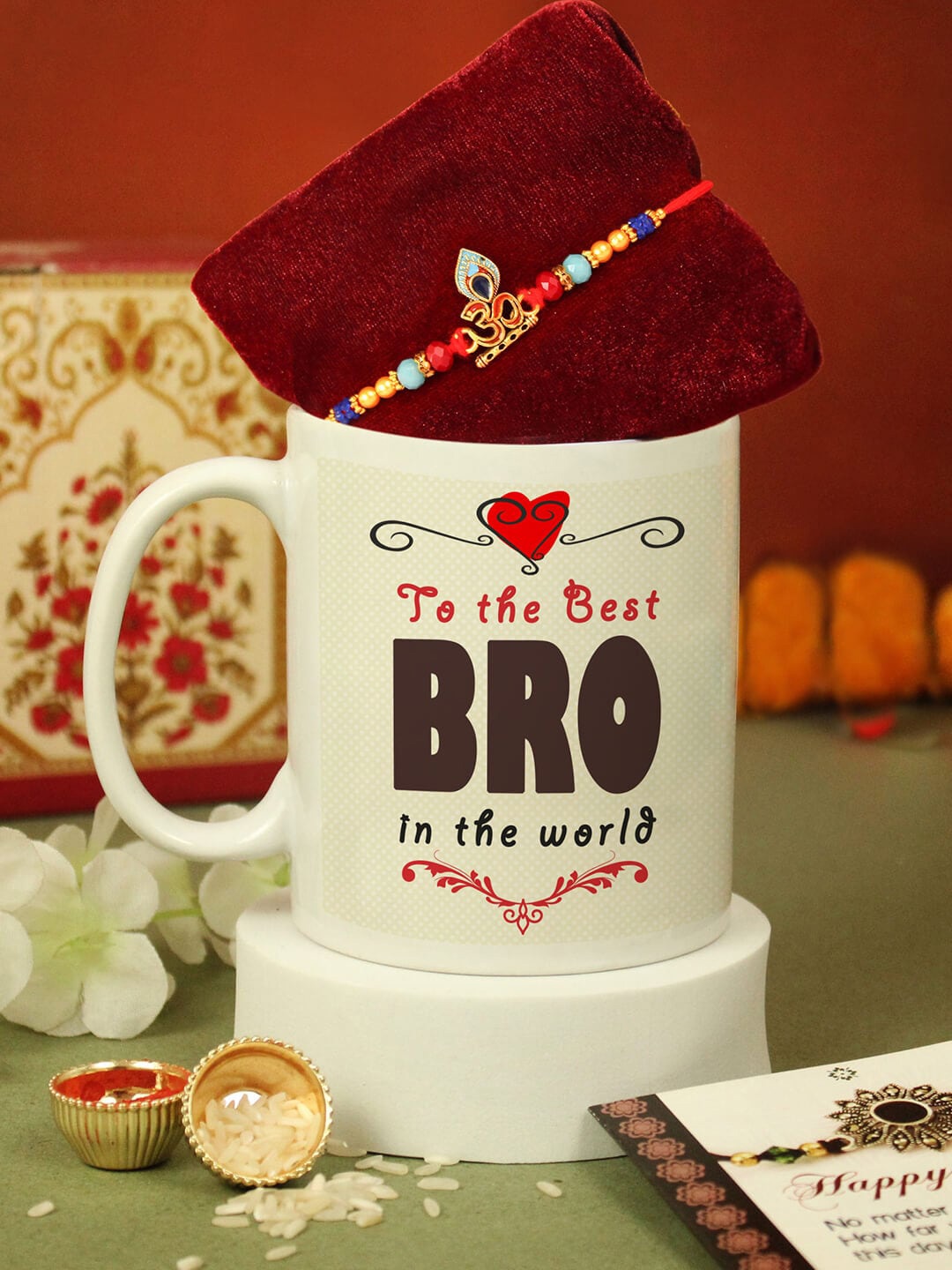 

TIED RIBBONS Unisex Om Charm Rakhi With Roli Chawal & Mug & Card Gift Set, Gold
