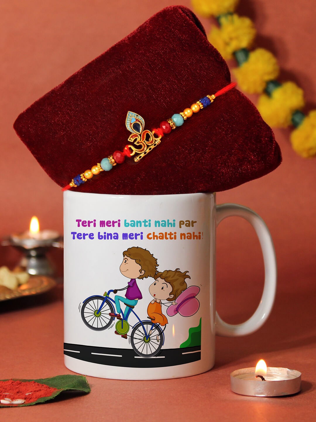 

TIED RIBBONS Unisex Om Charm Rakhi With Roli Chawal & Mug & Card Gift Set, Gold