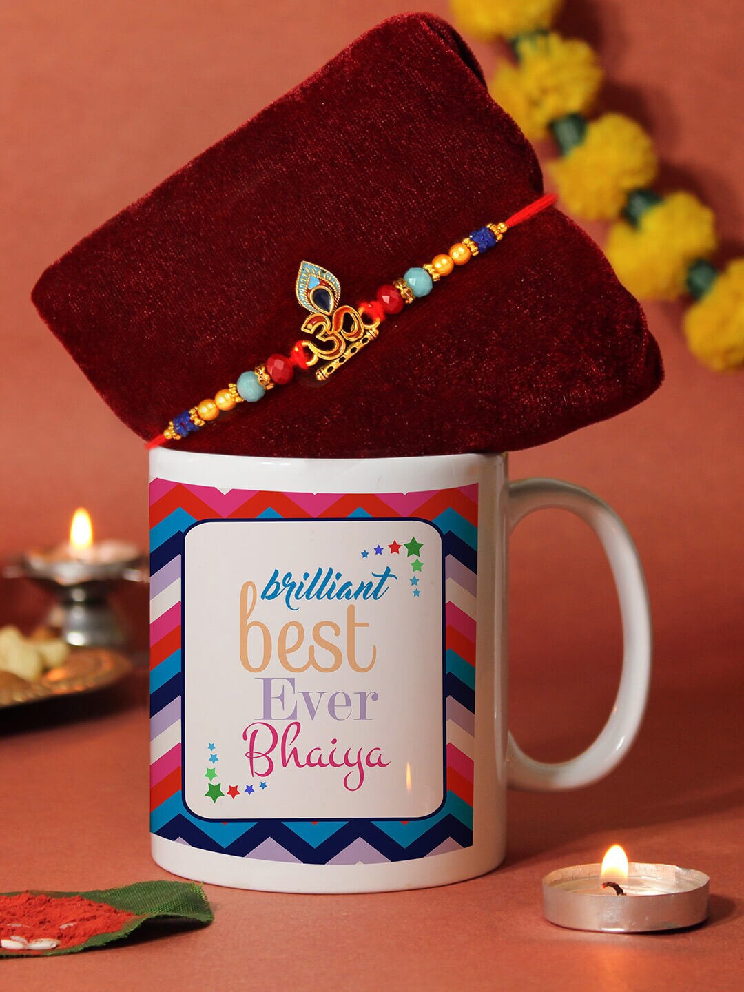 

TIED RIBBONS Unisex Om Charm Rakhi With Roli Chawal & Mug & Card Gift Set, Gold