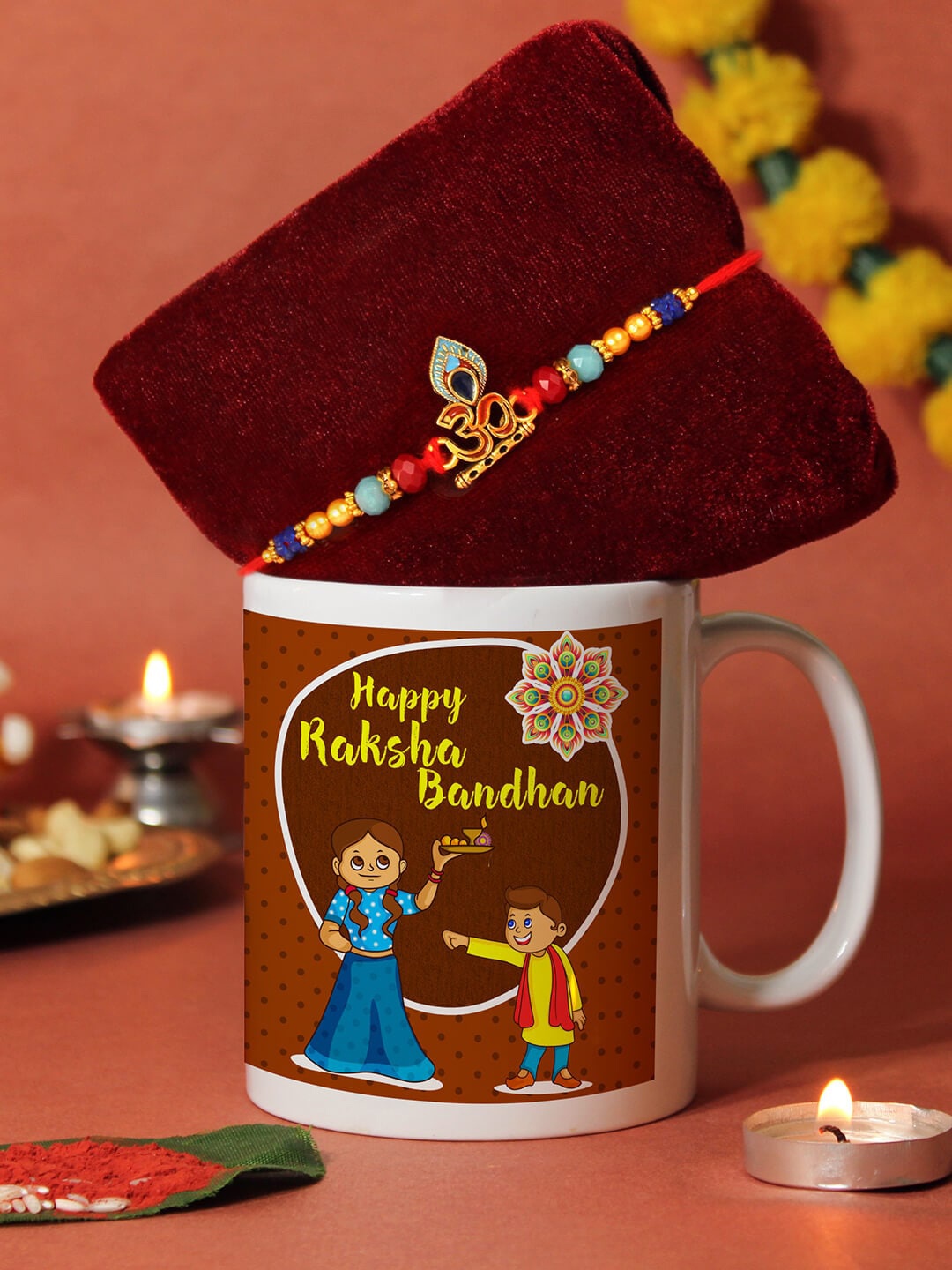 

TIED RIBBONS Unisex Om Charm Rakhi With Roli Chawal & Mug & Card Gift Set, Gold