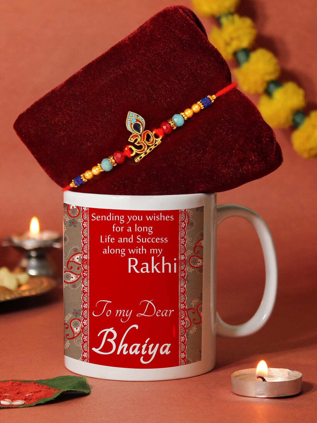 

TIED RIBBONS Unisex Om Charm Rakhi With Roli Chawal & Mug & Card Gift Set, Gold