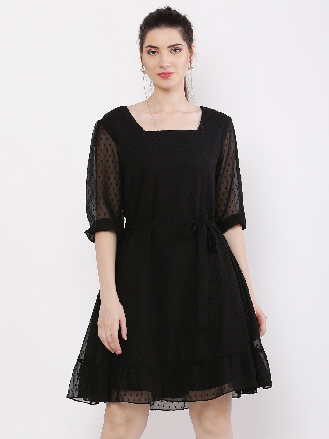 

Kiwie Self Design Square Neck Georgette Fit & Flare Dress, Black