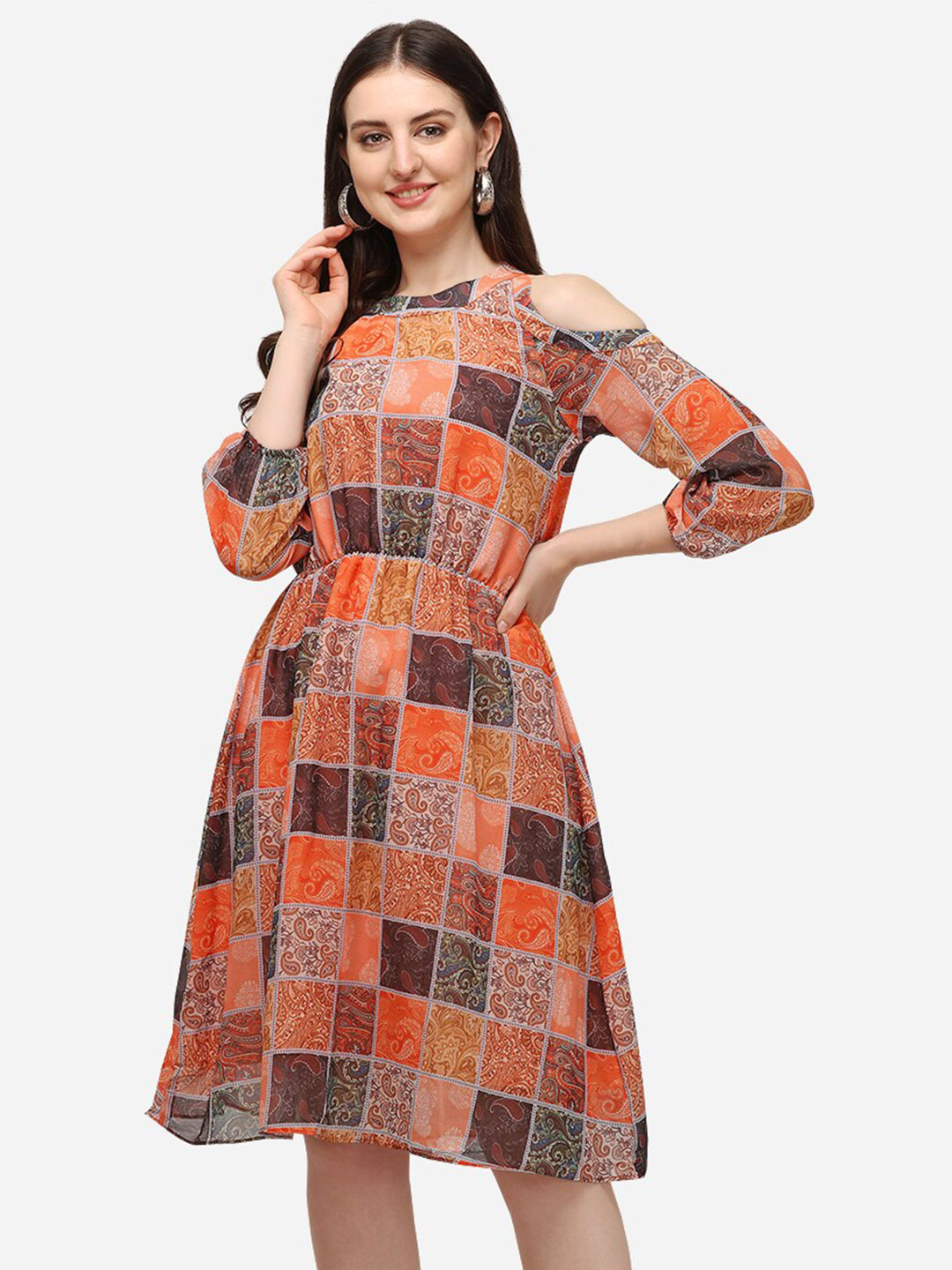

Kiwie Ethnic Motifs Printed Georgette Fit & Flare Dress, Orange