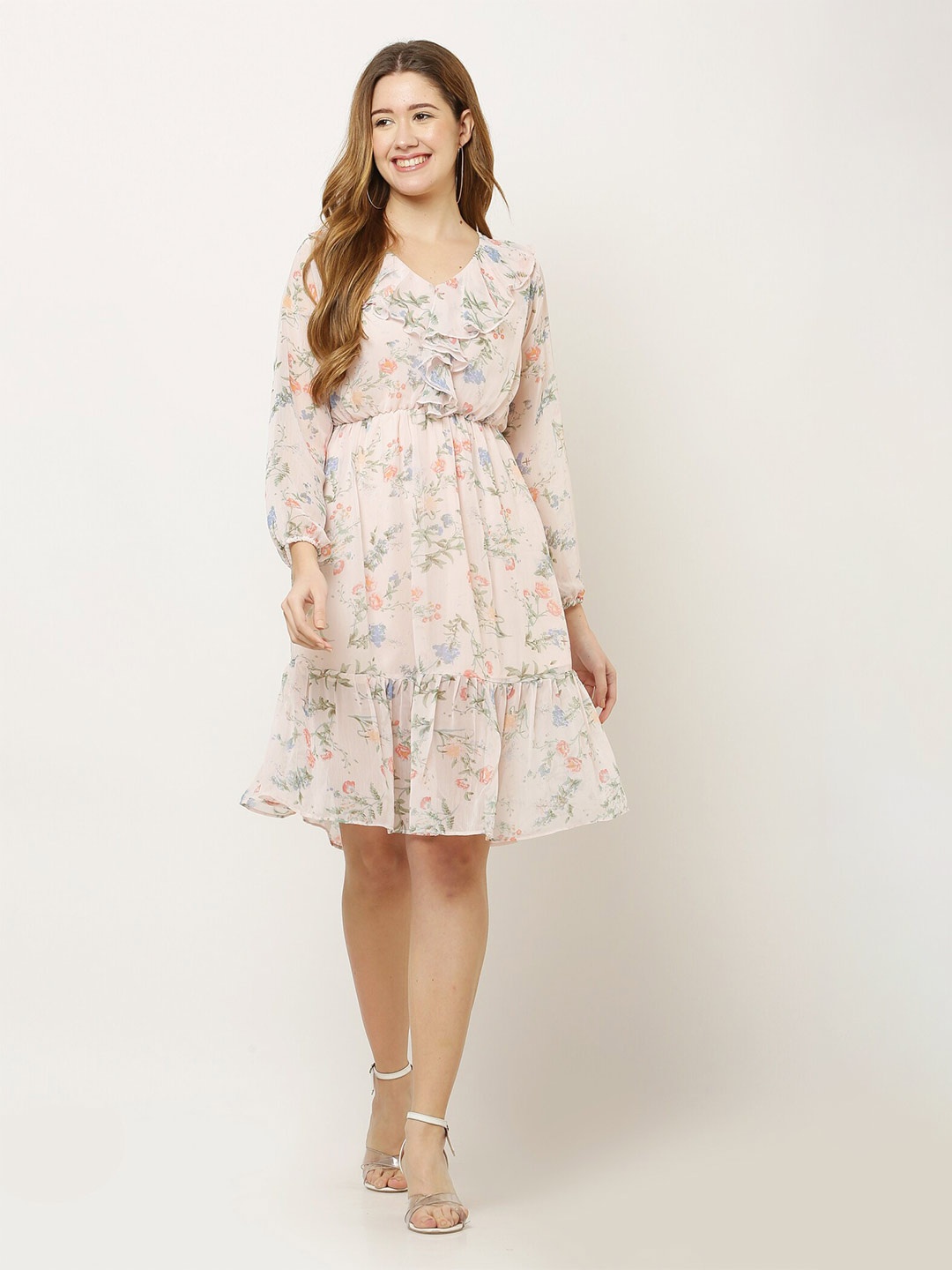 

Kiwie Floral Printed Puff Sleeves Chiffon Fit & Flare Dress, Pink