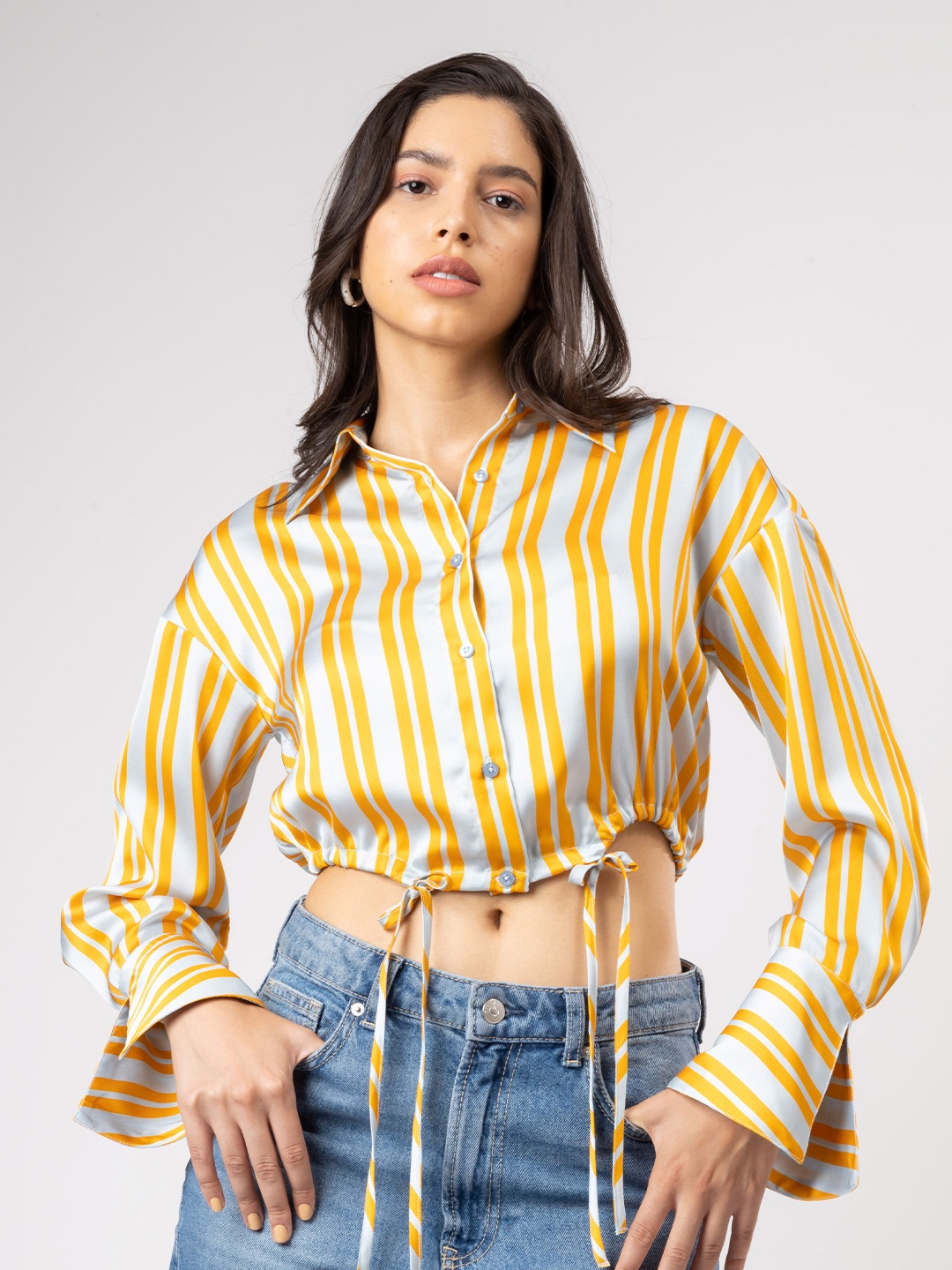 

H&M Cropped Satin Drawstring Shirt, Yellow