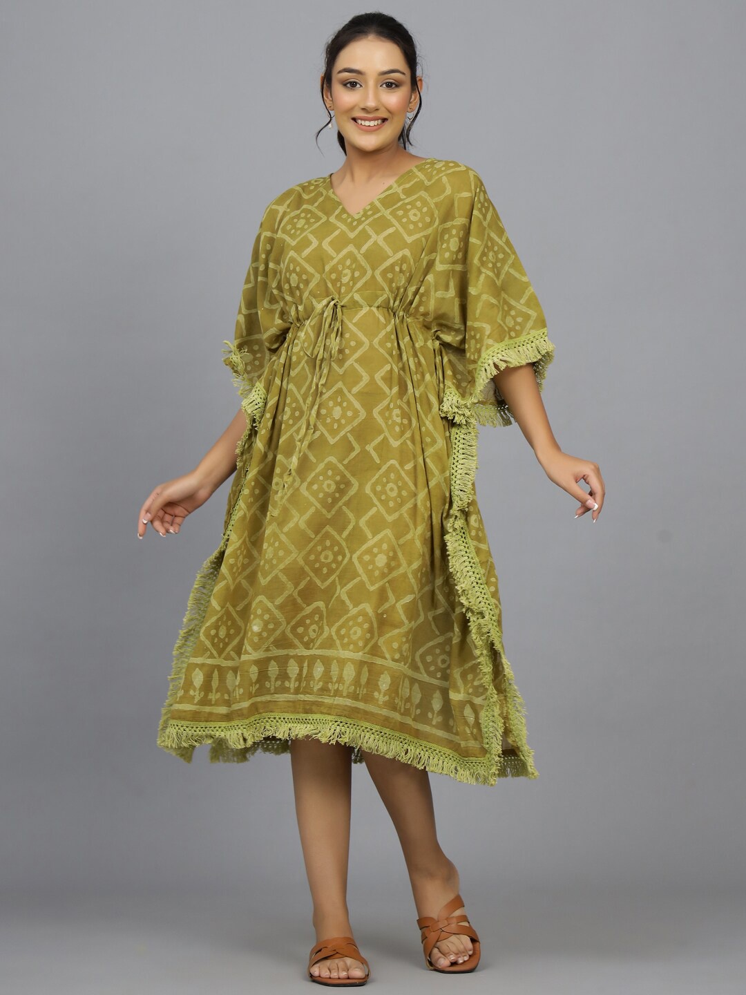 

HANDICRAFT PALACE Hand Block Printed Pure Cotton Kaftan Swim Cover-Up Dress, Green