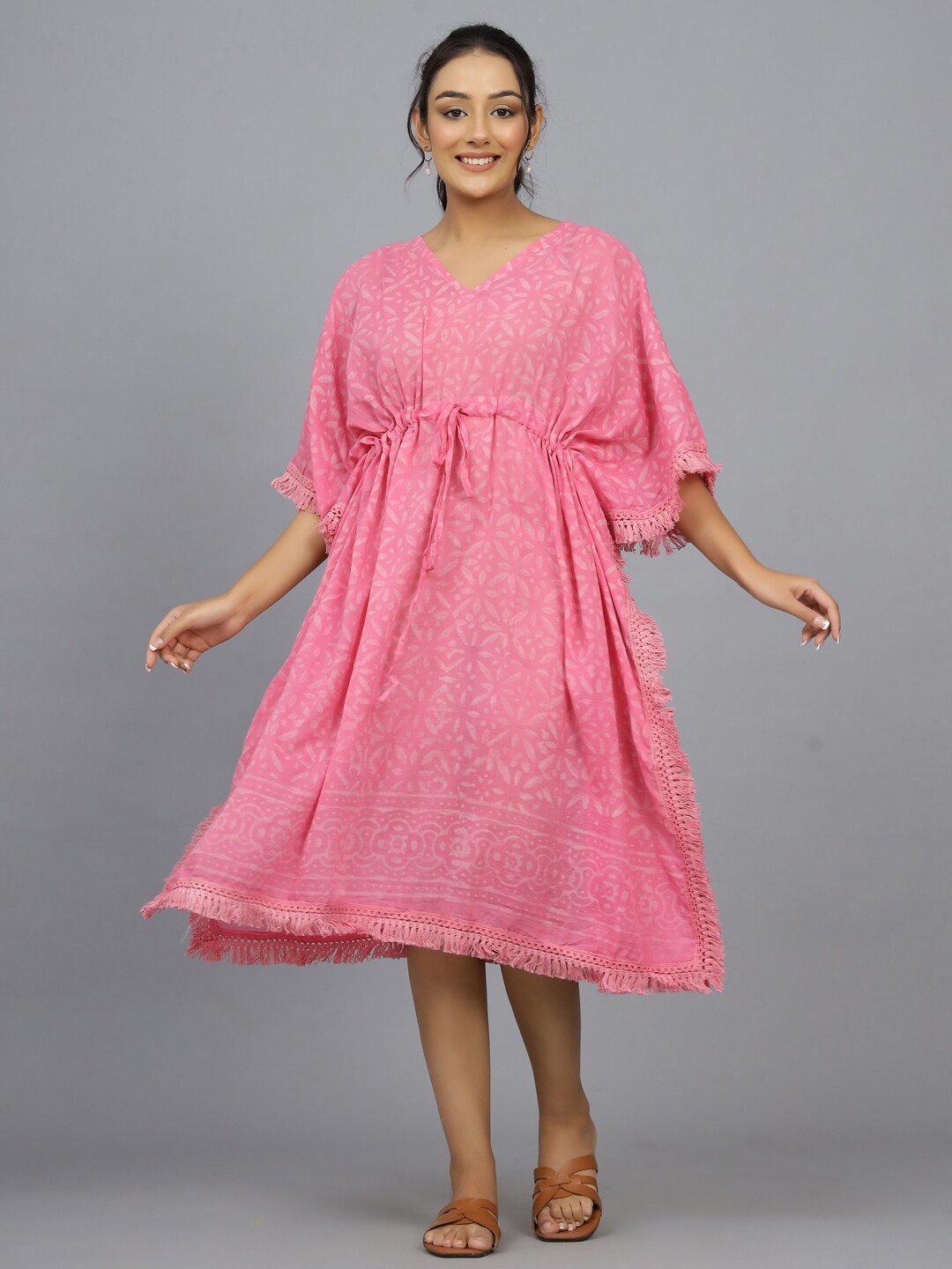 

HANDICRAFT PALACE Hand Block Printed Pure Cotton Kaftan Swim Cover-Up Dress, Pink