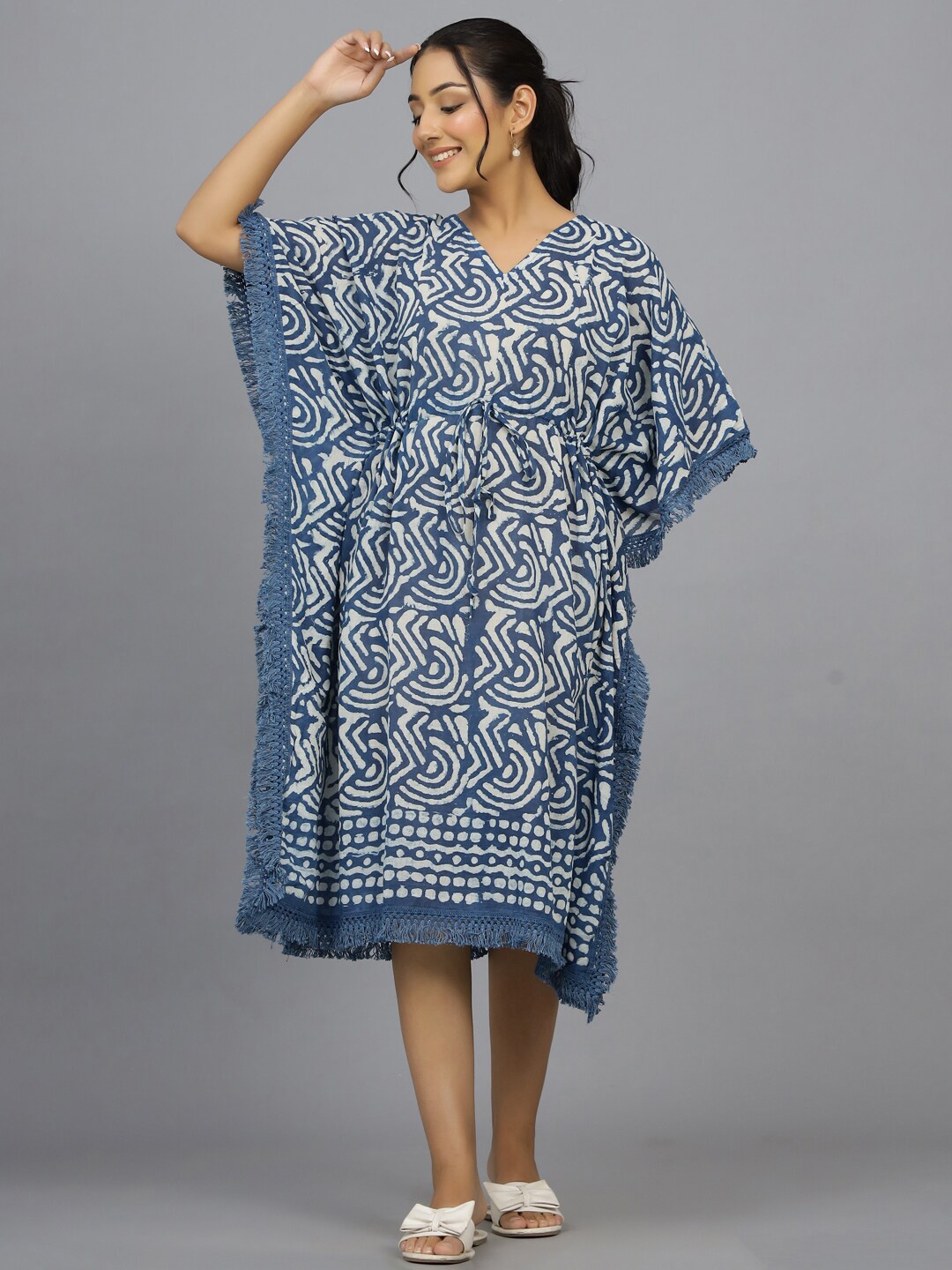 

HANDICRAFT PALACE Hand Block Printed Pure Cotton Kaftan Swim Cover-Up Dress, Blue