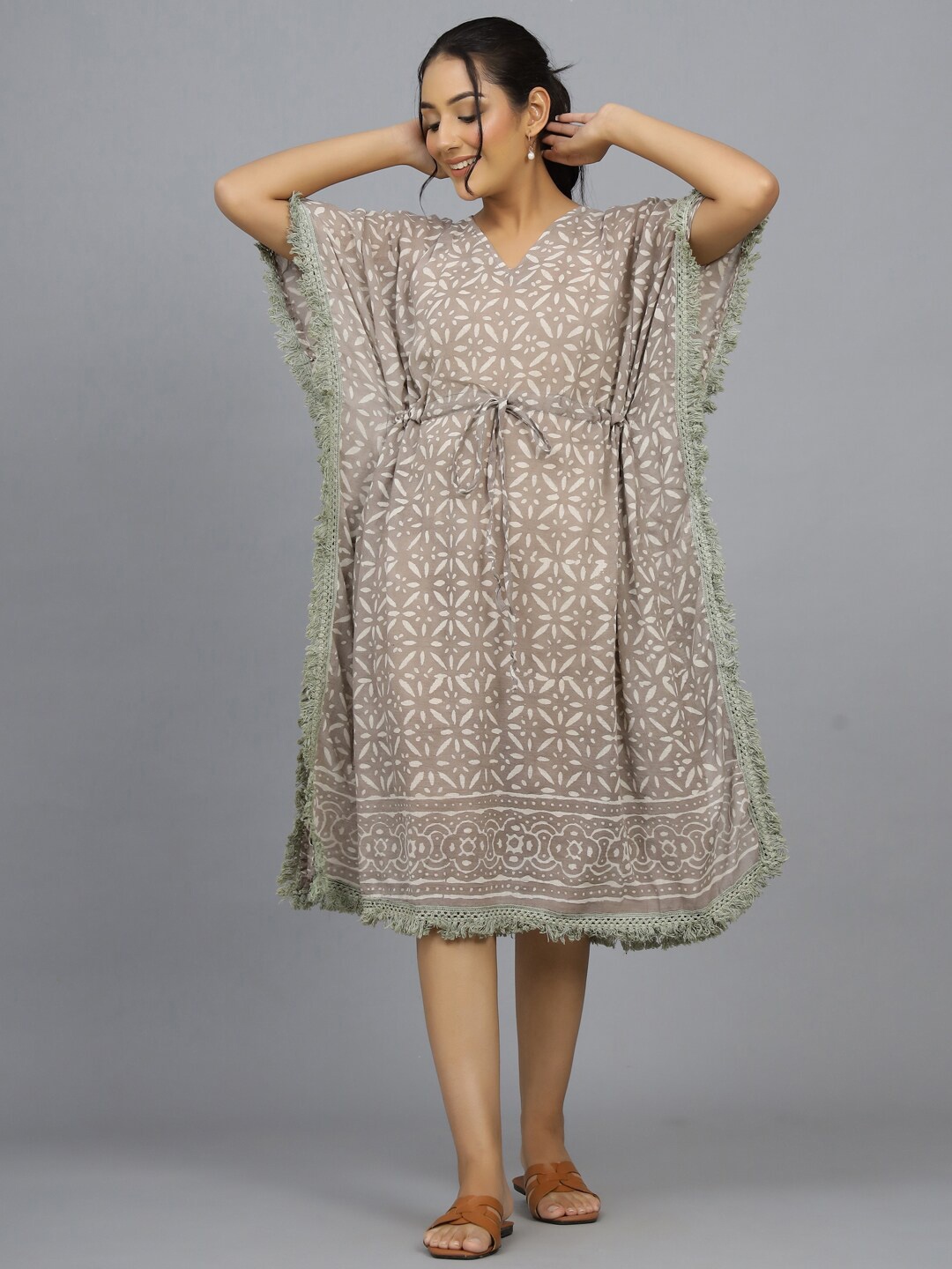

HANDICRAFT PALACE Hand Block Printed Cotton Kaftan Nightdress, Grey