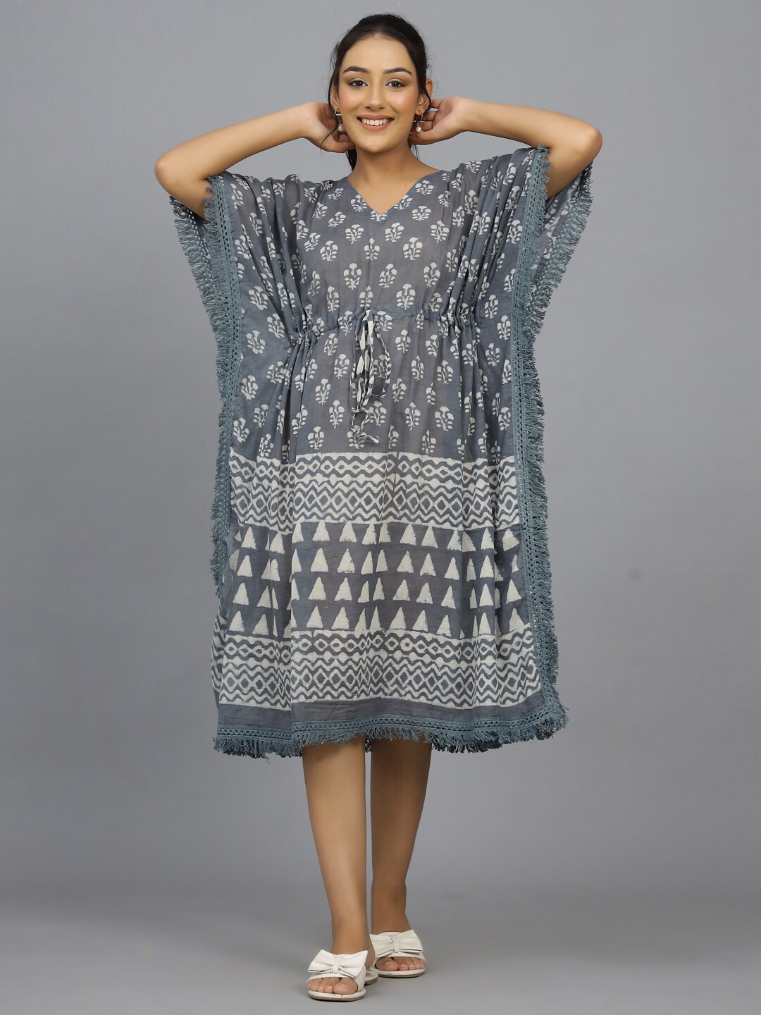 

HANDICRAFT PALACE Women Hand Block Printed Pure Cotton Kaftan Swim Cover-Up Dress, Grey