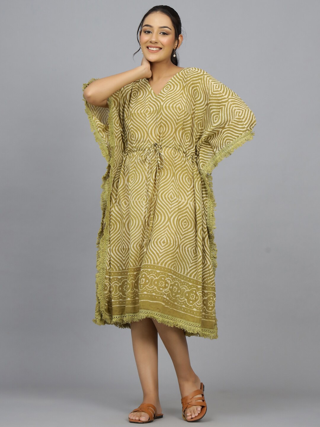 

HANDICRAFT PALACE Women Hand Block Printed Pure Cotton Kaftan Swim Cover-Up Dress, Green