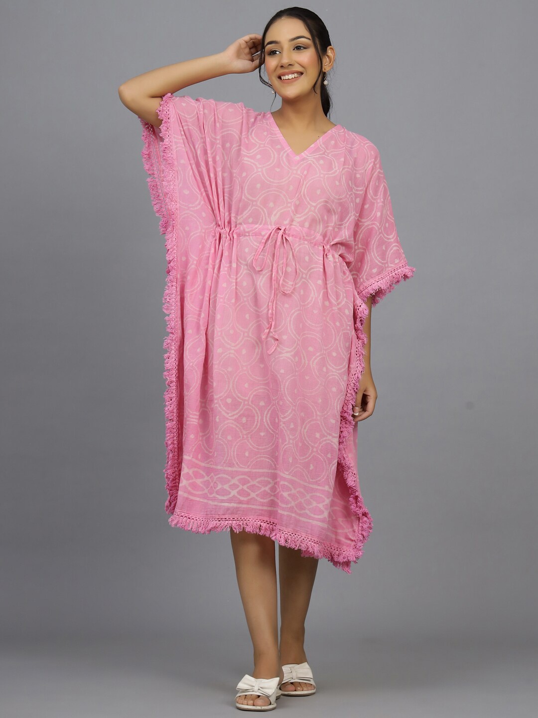 

HANDICRAFT PALACE Hand Block Printed Cotton Kaftan Swim Cover-Up Dress, Pink