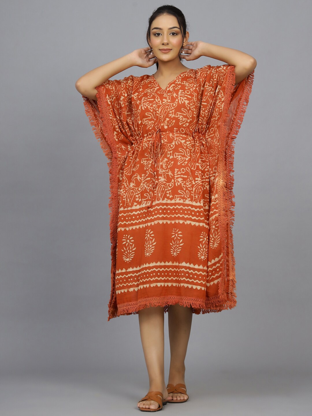 

HANDICRAFT PALACE Women Hand Block Printed Pure Cotton Kaftan Swim Cover-Up Dress, Orange