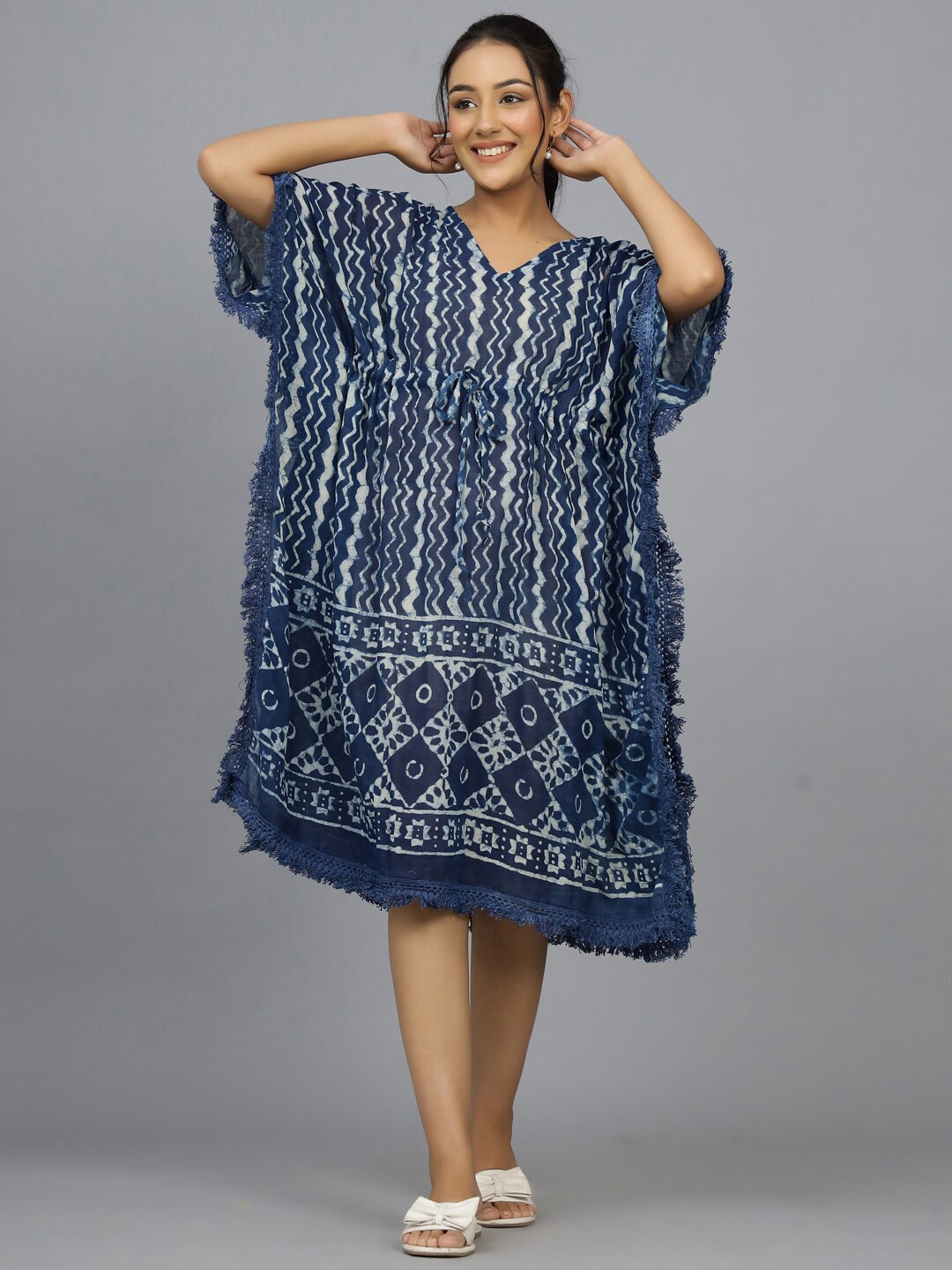 

HANDICRAFT PALACE Women Hand Block Printed Pure Cotton Kaftan Swim Cover-Up Dress, Blue