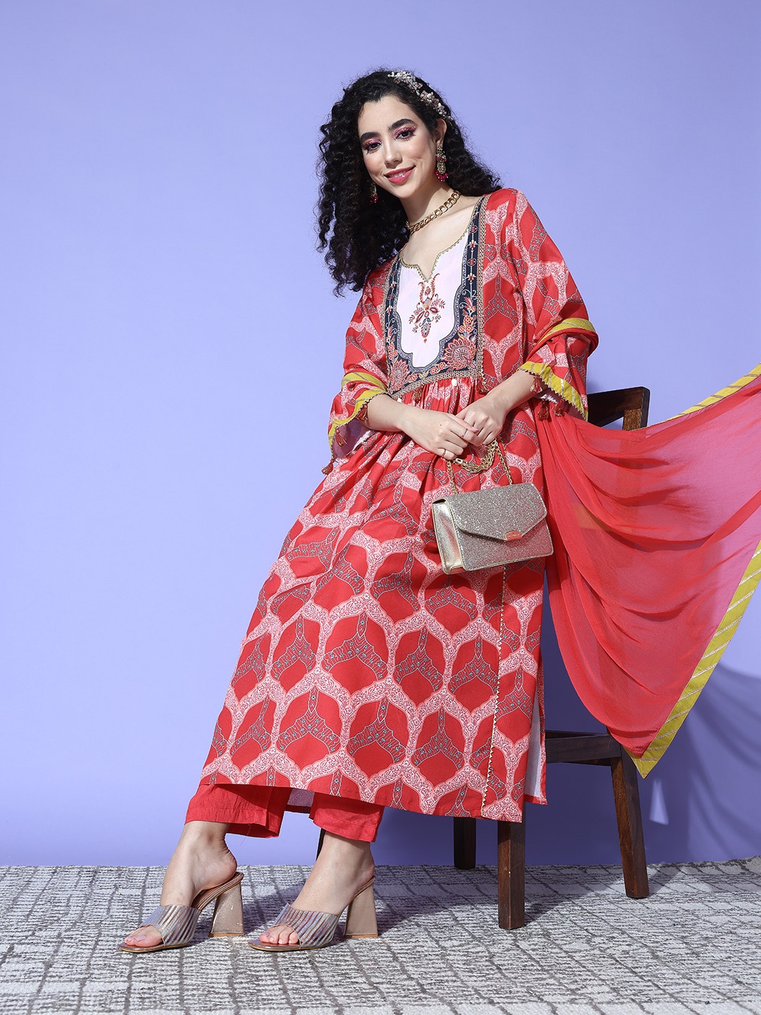 

Varanga Women Ethnic Motifs Printed Empire Gotta Patti Kurta with Trousers & With Dupatta, Red