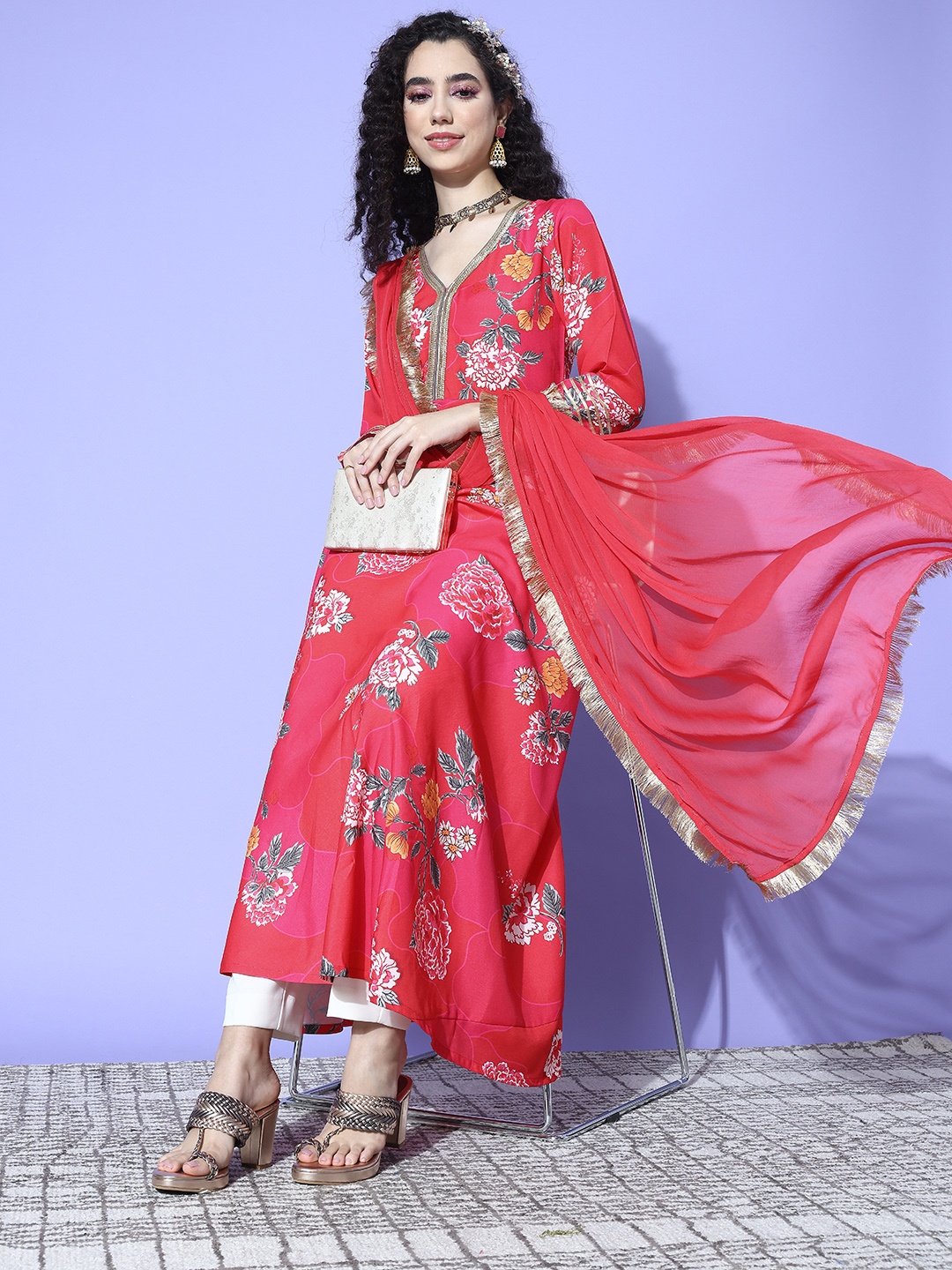 

Varanga Women Pink Floral Printed Sequinned Floral Kurta with Dupatta
