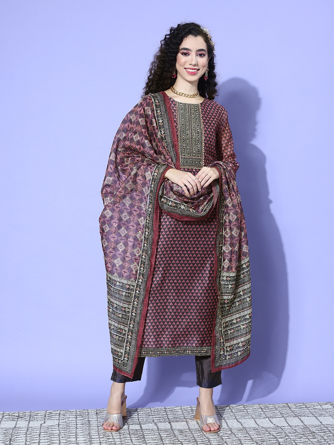 

Varanga Women Printed Regular Thread Work Chanderi Silk Kurta with Trousers & With Dupatta, Purple