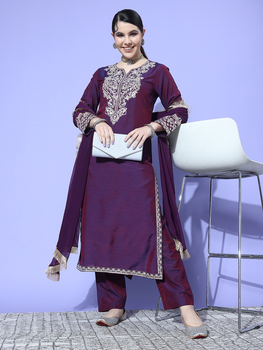 

Varanga Women Ethnic Motifs Embroidered Regular Kurta with Trousers & With Dupatta, Violet