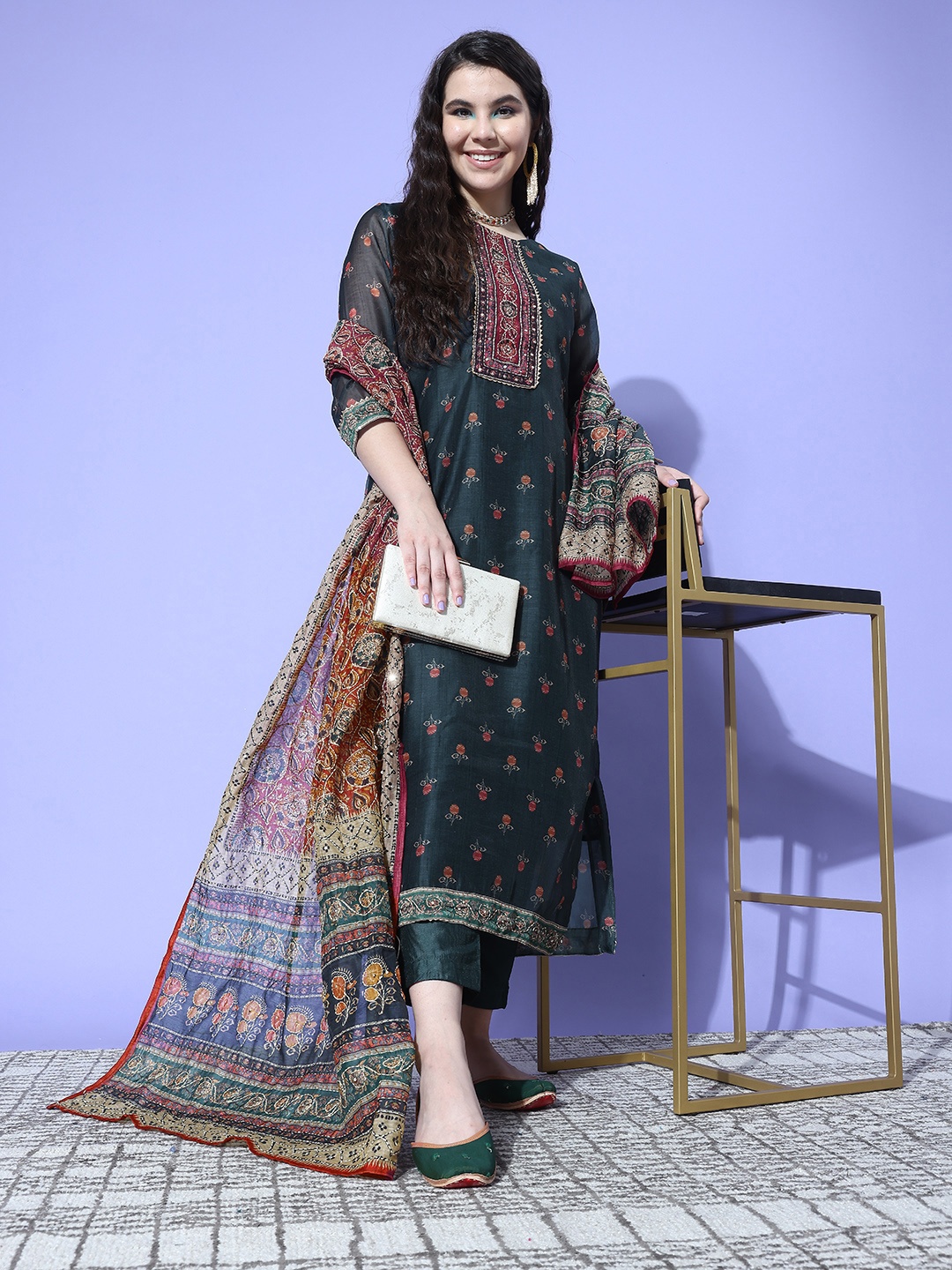 

Varanga Women Floral Printed Thread Work Chanderi Silk Kurta with Trousers & With Dupatta, Blue